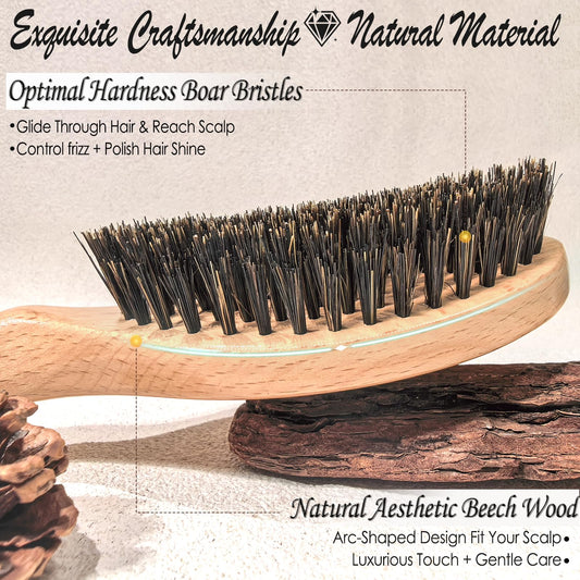 100% Pure Boar Bristle Hair Brush, Handmade Natural Wooden Slick Back Hairbrush for Thin Fine Hair, Gently Detangling Reduce Frizz Smooth Shine for Women Men Kids, Cleaning Comb&Travel Pouch Included