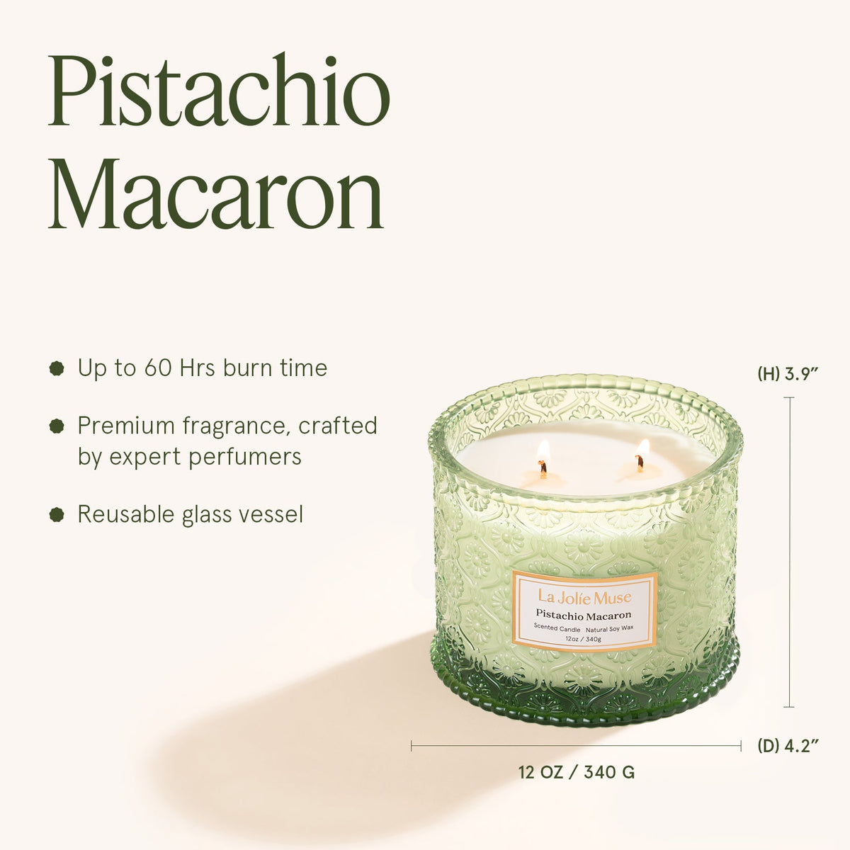 Pistachio Macaron 12 oz luxury candle in embossed glass, view 5