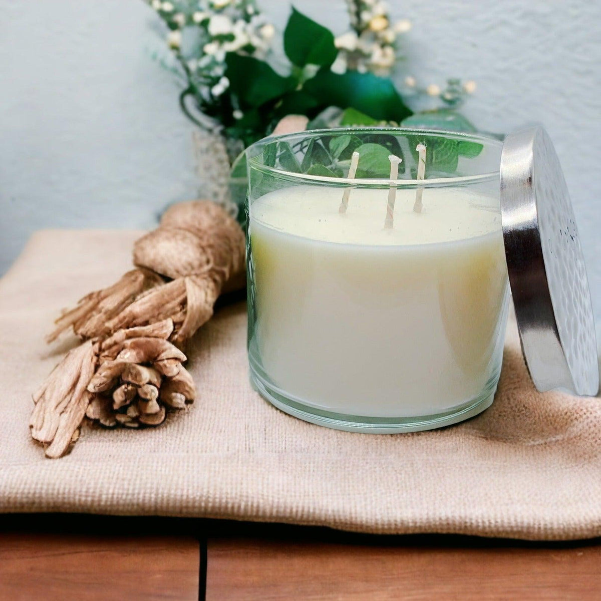 Gia 3-wick soy candle with the lid off