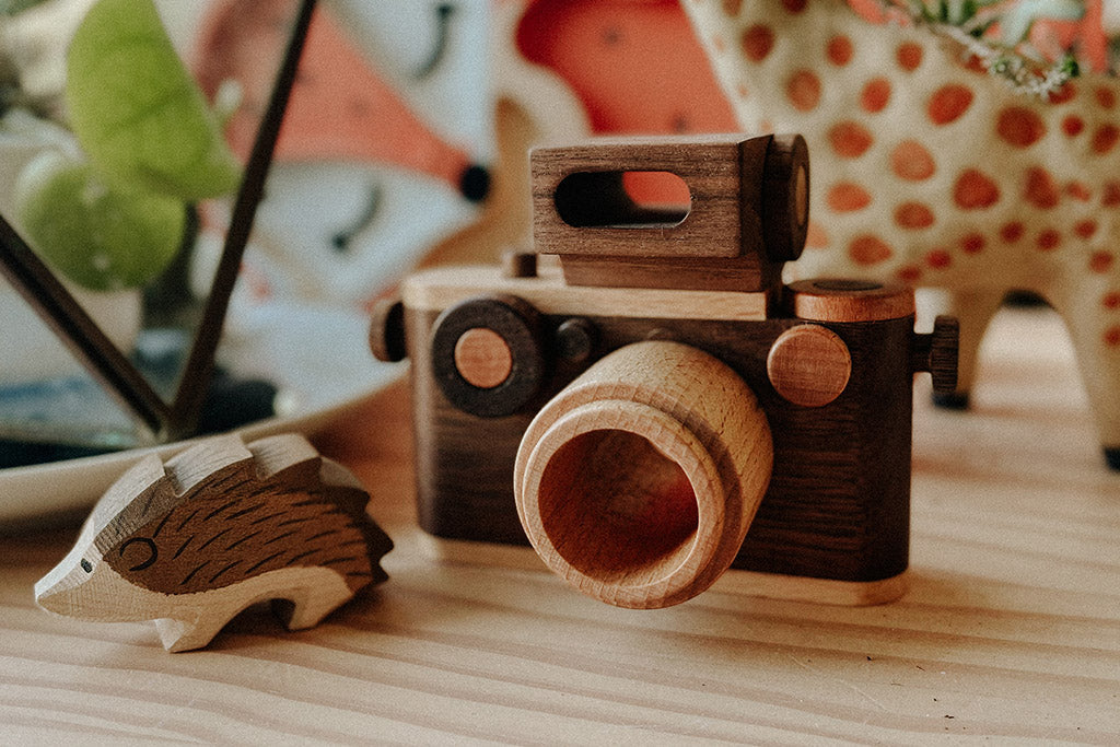 Walnut wooden toy camera styled on a shelf as nursery decor