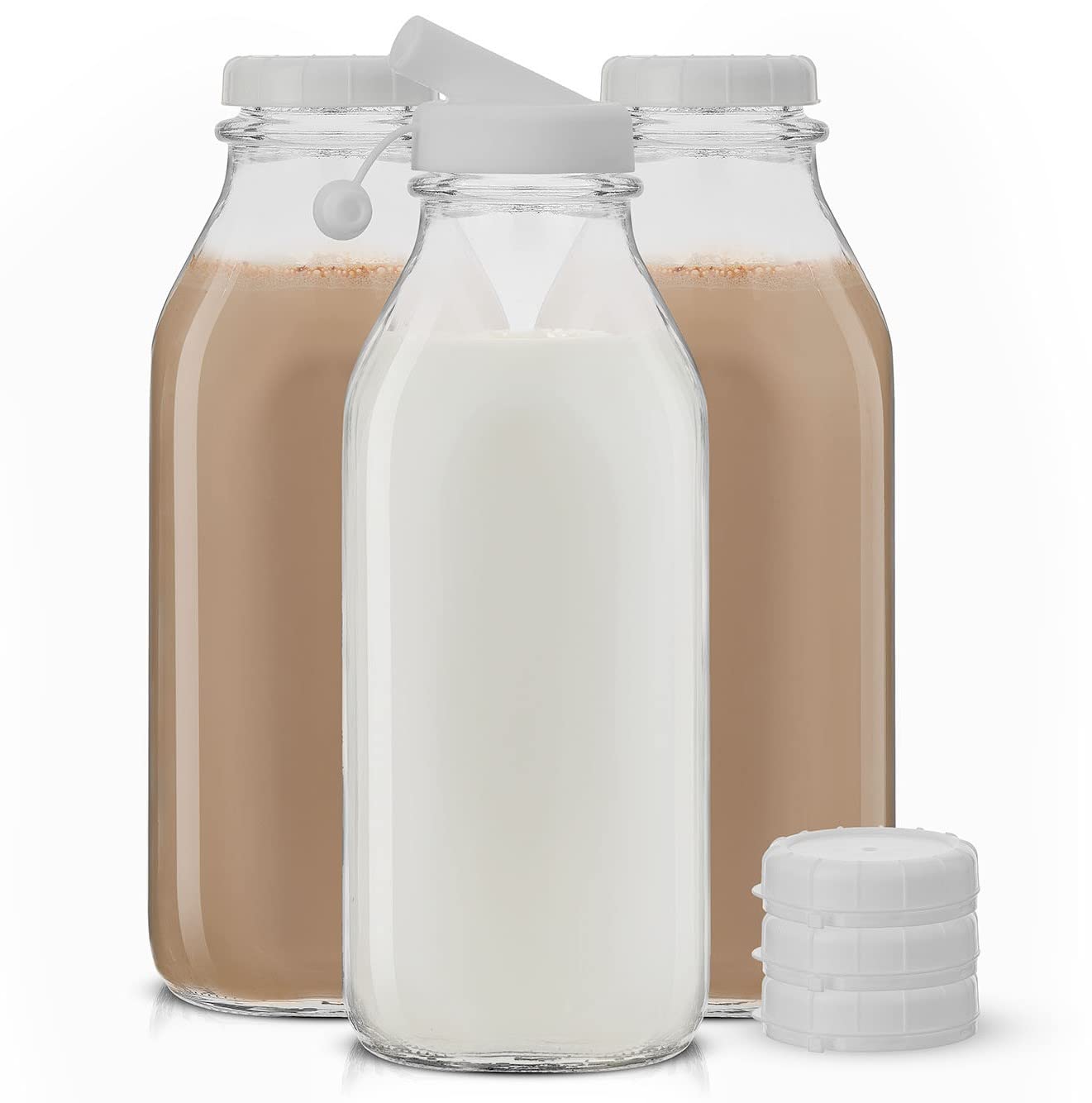 JoyJolt Glass Milk Bottles with Lids and Pourer – 64 Oz, 3 Pack Airtight Heavy Duty Reusable Glass Bottles, Leakproof, BPA-Free, Food Grade, Dishwasher Safe Jug, Pitcher for Milk, Juice, and Water