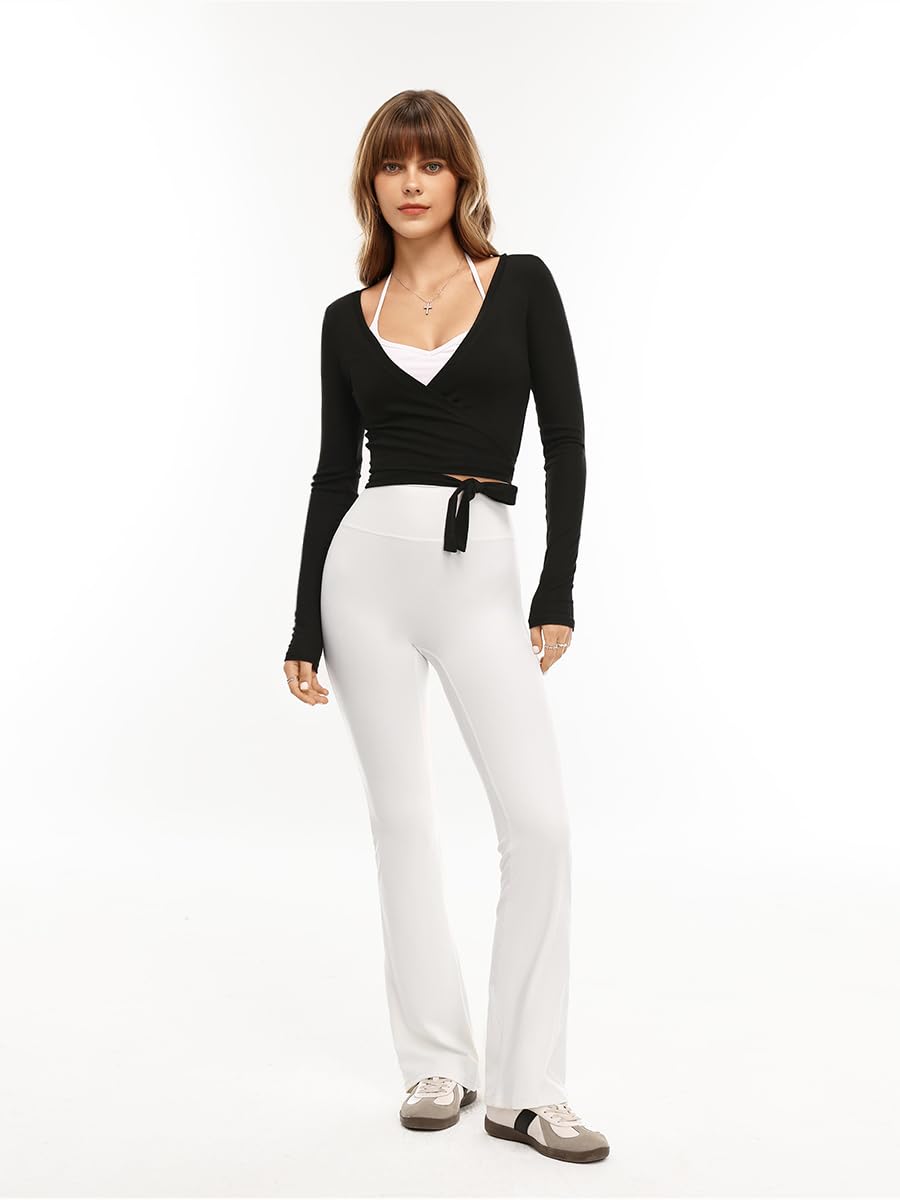 Danysu Ballet Wrap Tops Long Sleeve Cross Tie Crop Shirts Deep V-Neck Dance Clothes Fall Cardigans