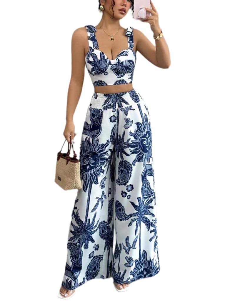THLAI Summer Women 2 Piece Outfits Print V-Neck Cami Crop Top and Smocked Wide Leg Pants Set Vacation Outfits