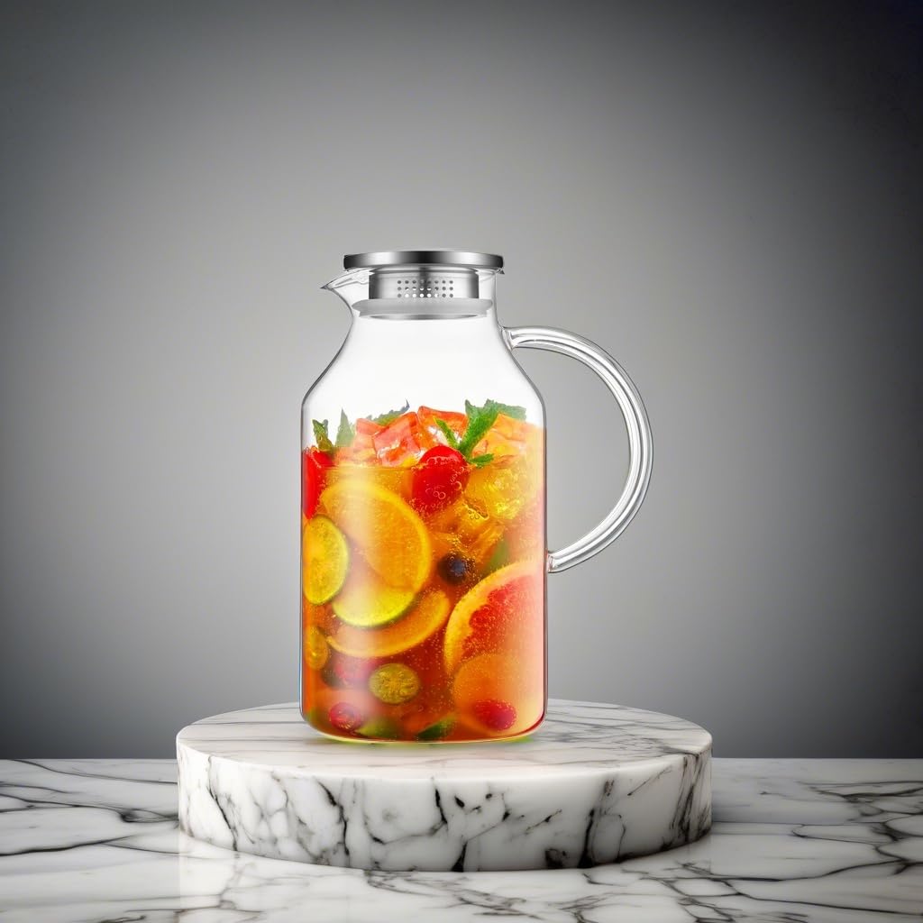 Bivvclaz 2 Liter 68 oz Gold Glass Pitcher with Lid and Handle, Glass Carafe for Hot/Cold Water, Large Iced Tea Pitcher for Coffee, Juice and Homemade Beverage