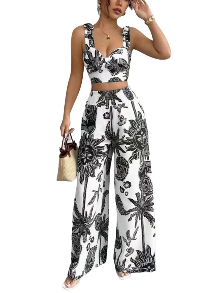 THLAI Summer Women 2 Piece Outfits Print V-Neck Cami Crop Top and Smocked Wide Leg Pants Set Vacation Outfits