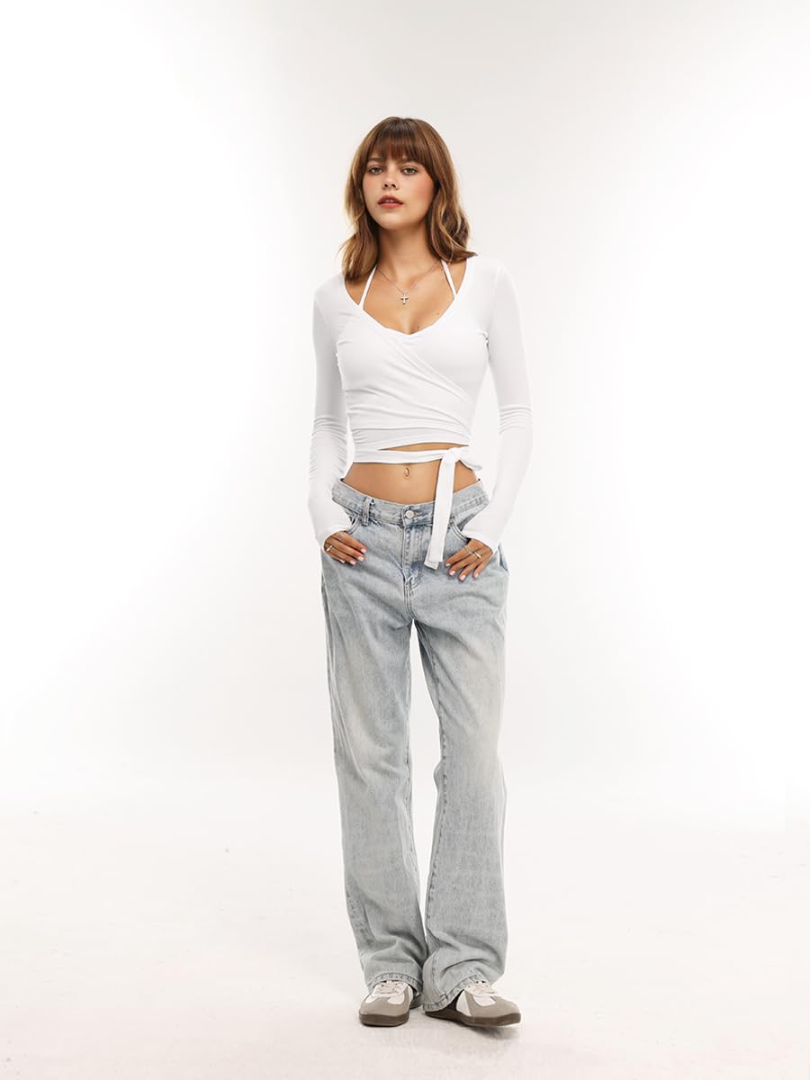 Danysu Ballet Wrap Tops Long Sleeve Cross Tie Crop Shirts Deep V-Neck Dance Clothes Fall Cardigans