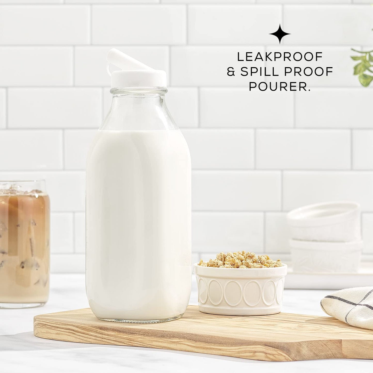 JoyJolt Glass Milk Bottles with Lids and Pourer – 64 Oz, 3 Pack Airtight Heavy Duty Reusable Glass Bottles, Leakproof, BPA-Free, Food Grade, Dishwasher Safe Jug, Pitcher for Milk, Juice, and Water