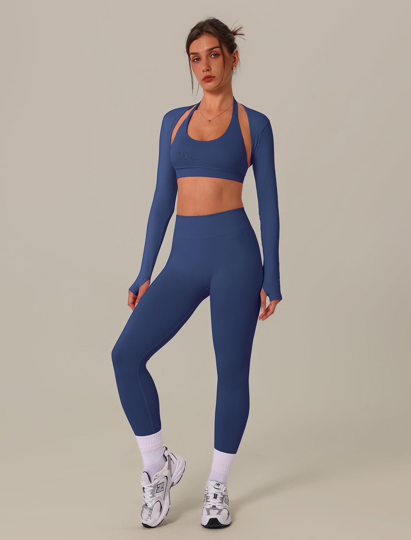 3 Piece Workout Sets for Women Seamless Halter Sports Bra High Waist Leggings Long Sleeve Shrug Gym Yoga Outfits