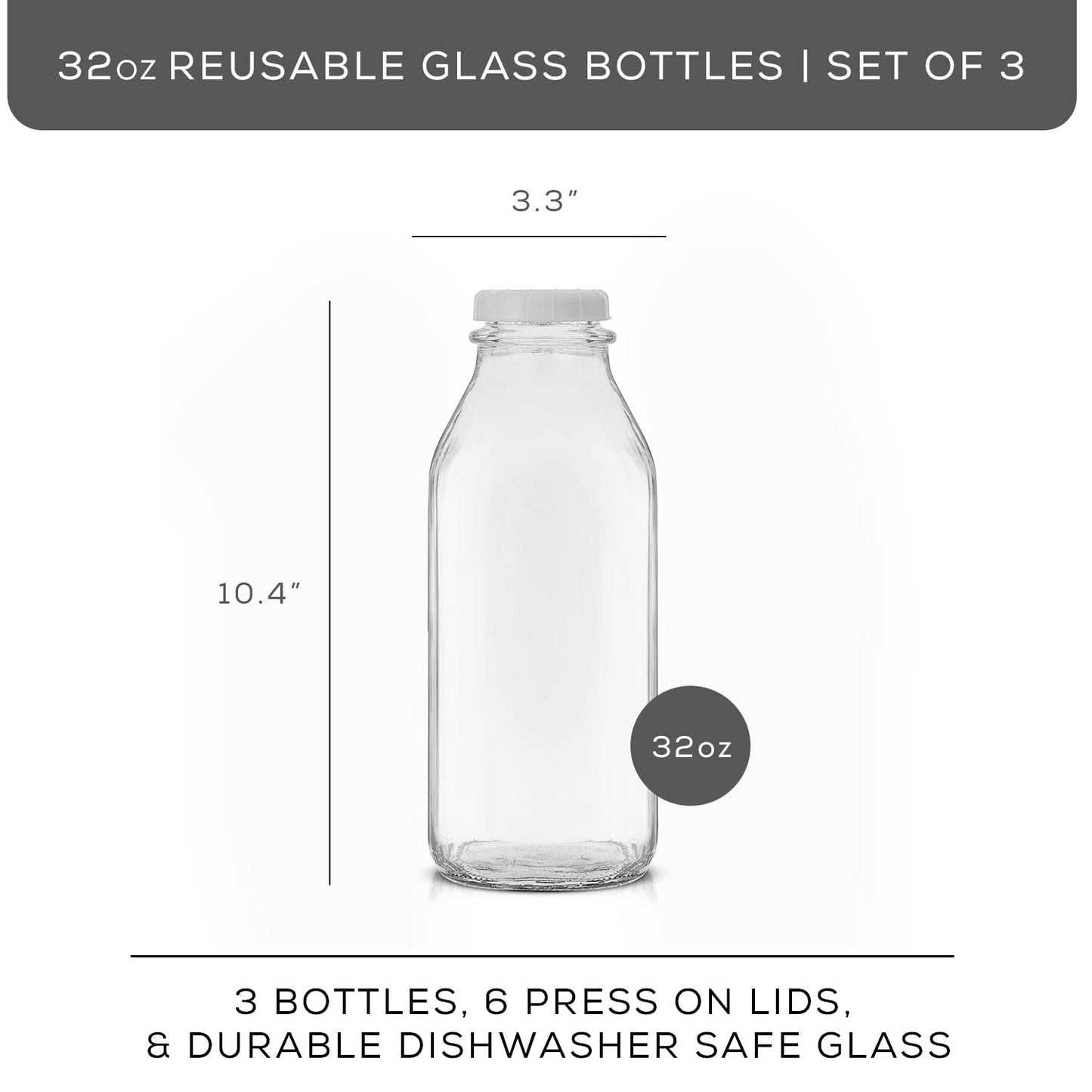 JoyJolt Glass Milk Bottles with Lids and Pourer – 64 Oz, 3 Pack Airtight Heavy Duty Reusable Glass Bottles, Leakproof, BPA-Free, Food Grade, Dishwasher Safe Jug, Pitcher for Milk, Juice, and Water