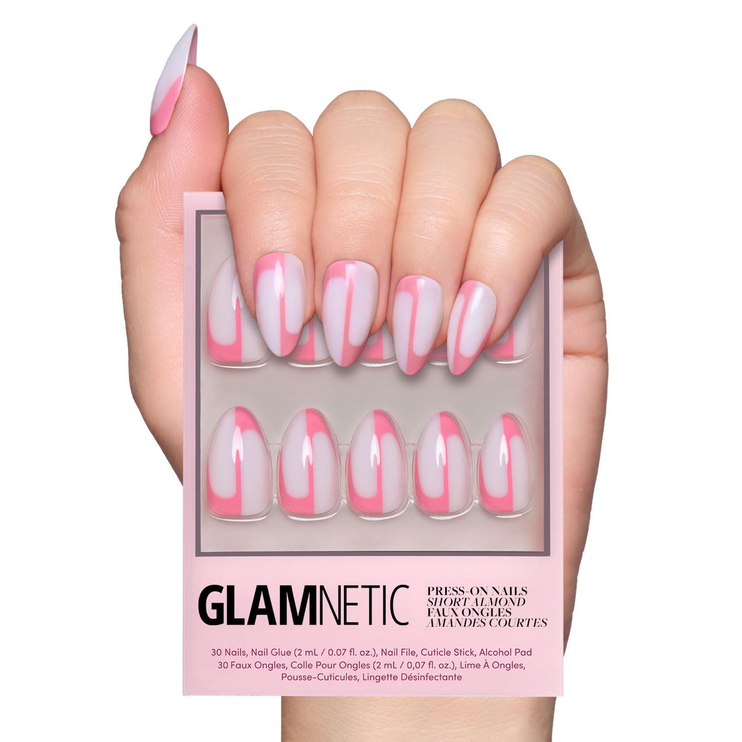 Glamnetic Press On Nails - All Time Love Spring Nails | Glossy, Semi-Transparent, Short Almond French Tip Fake Nails with Leaf Accents, Salon Quality | 15 Sizes - 30 Nail Kit with Glue