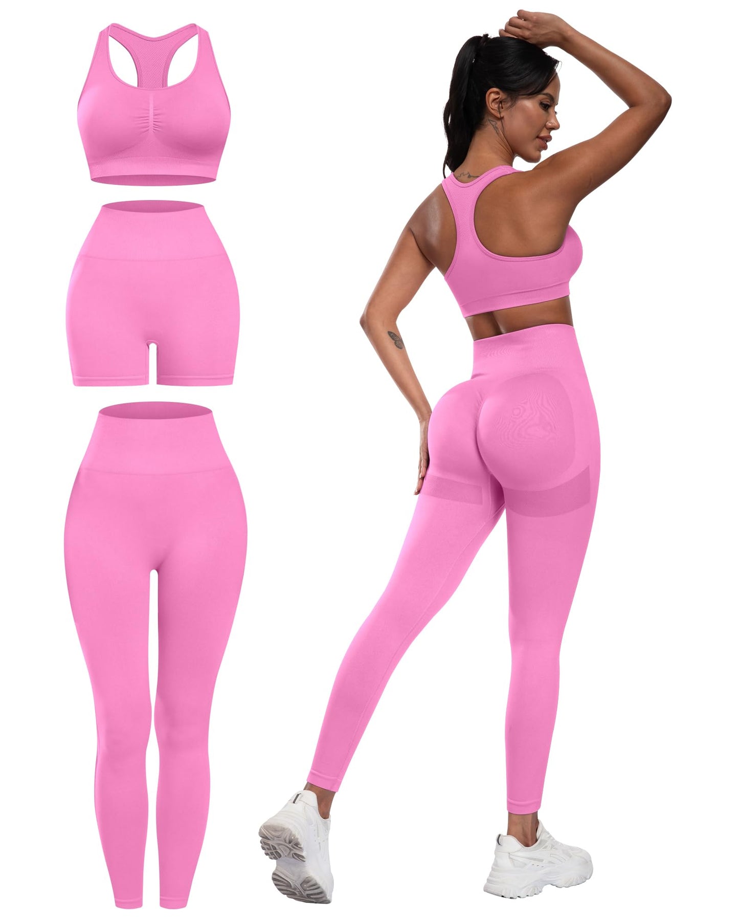 3 Piece Workout Sets for Women Butt Lifting Leggings with High Impact Sports Bra Gym Shorts