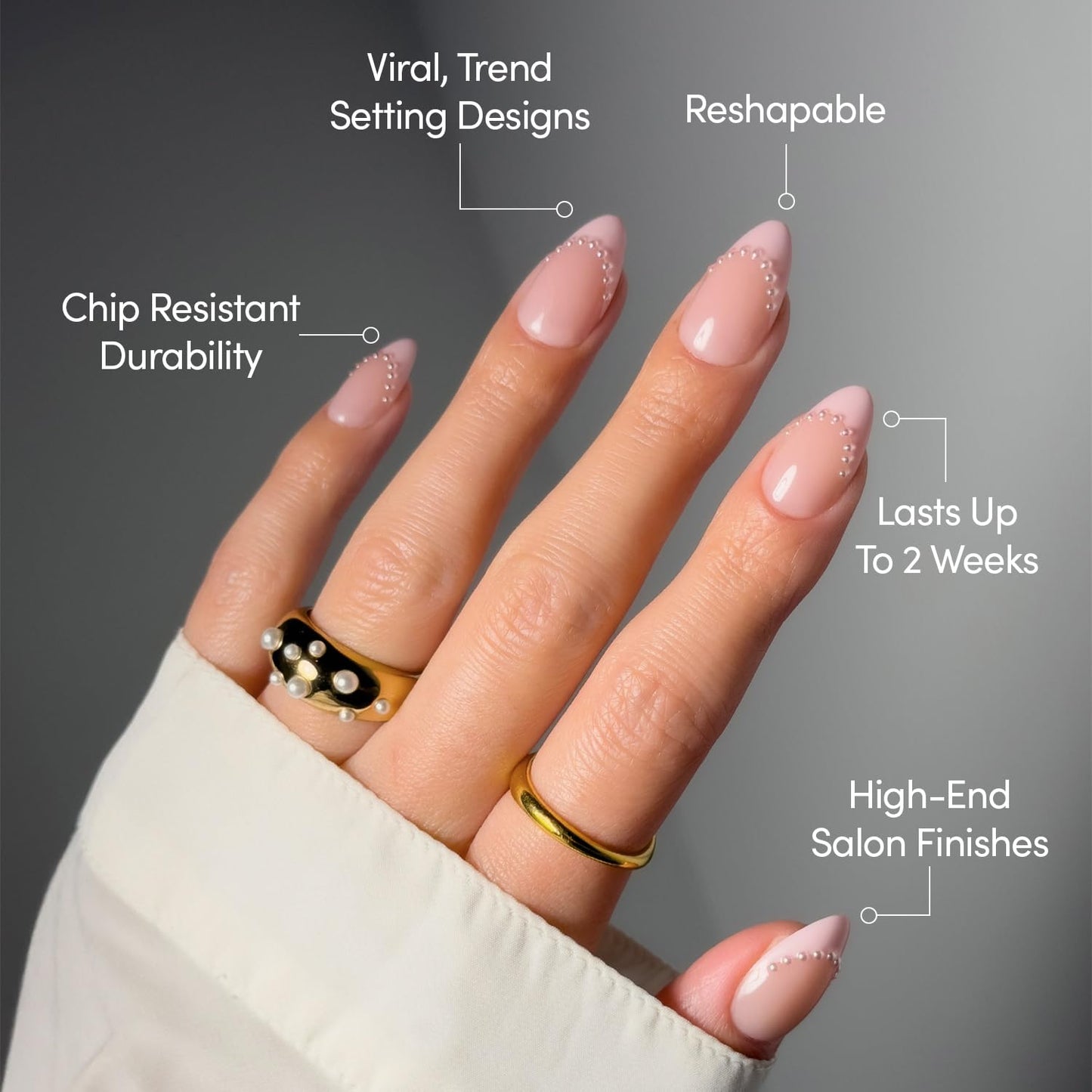 Glamnetic Press On Nails - All Time Love Spring Nails | Glossy, Semi-Transparent, Short Almond French Tip Fake Nails with Leaf Accents, Salon Quality | 15 Sizes - 30 Nail Kit with Glue
