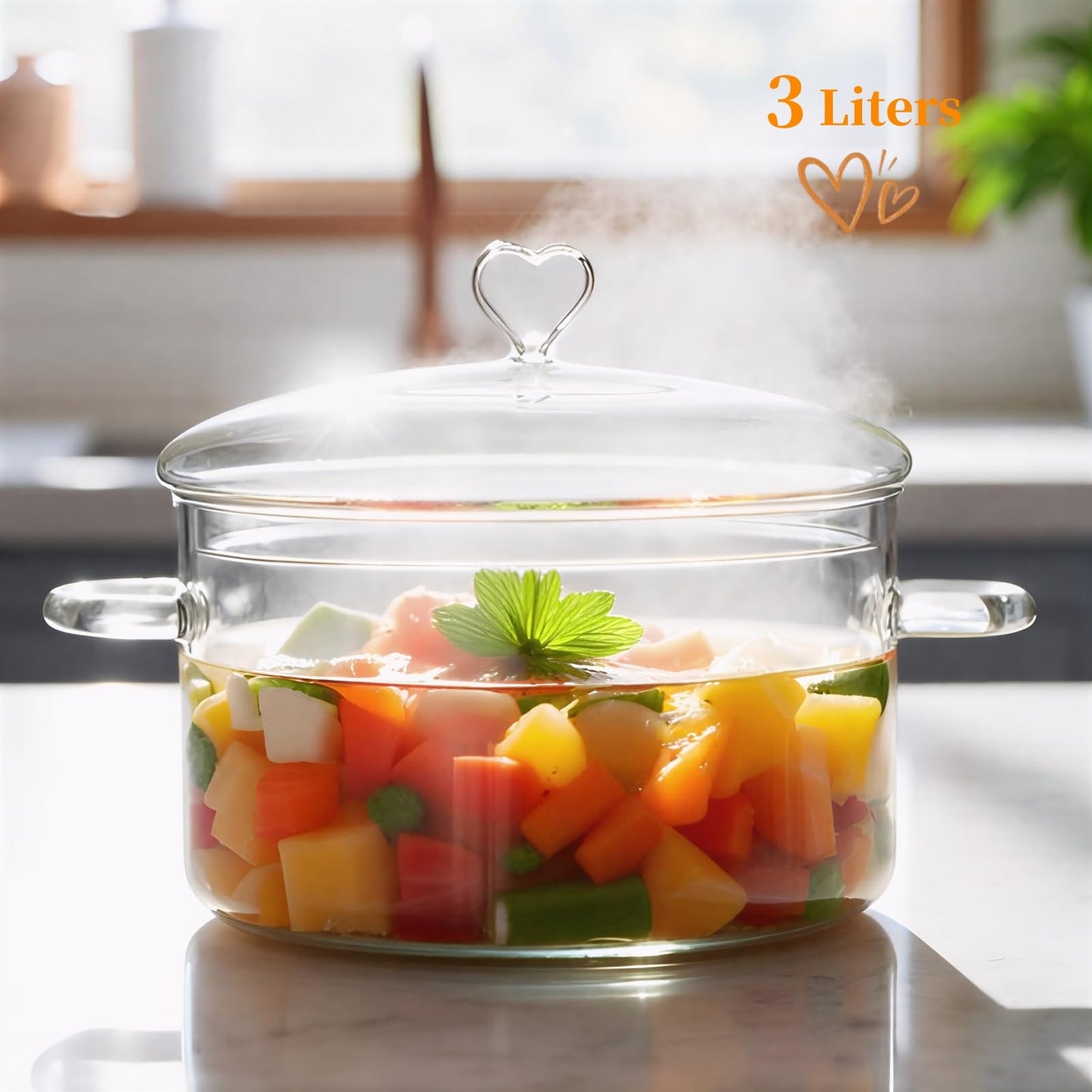 3 L Glass Cooking Pot with Lid, Save Energy, Heat Resistant | 3.2QT(3000ml) Glass Simmer Pot, Heart Shape Lid, Clear, Easy to Clean, BPA Free.