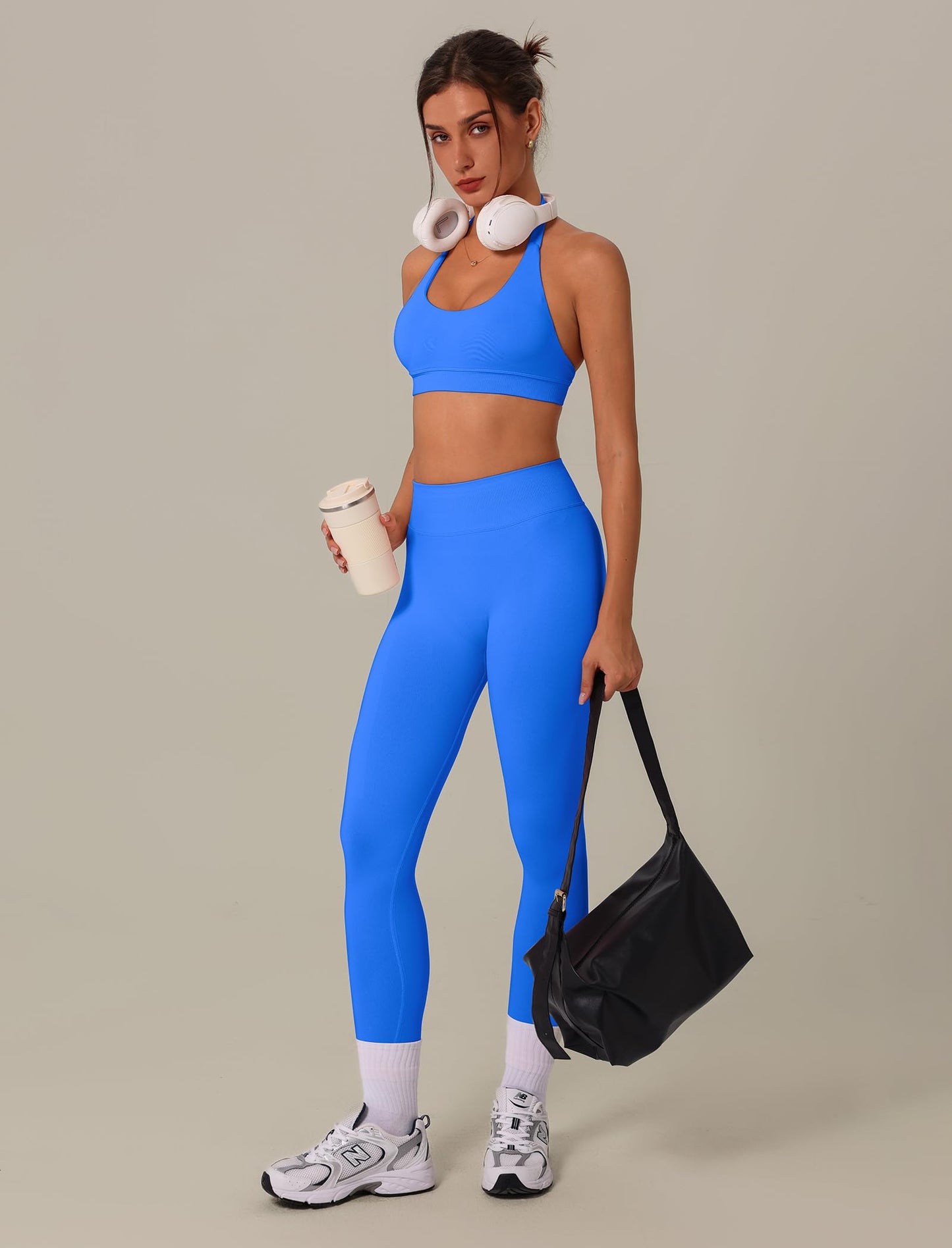 3 Piece Workout Sets for Women Seamless Halter Sports Bra High Waist Leggings Long Sleeve Shrug Gym Yoga Outfits