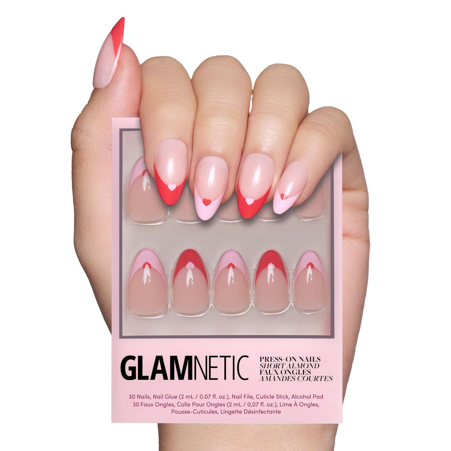 Glamnetic Press On Nails - All Time Love Spring Nails | Glossy, Semi-Transparent, Short Almond French Tip Fake Nails with Leaf Accents, Salon Quality | 15 Sizes - 30 Nail Kit with Glue