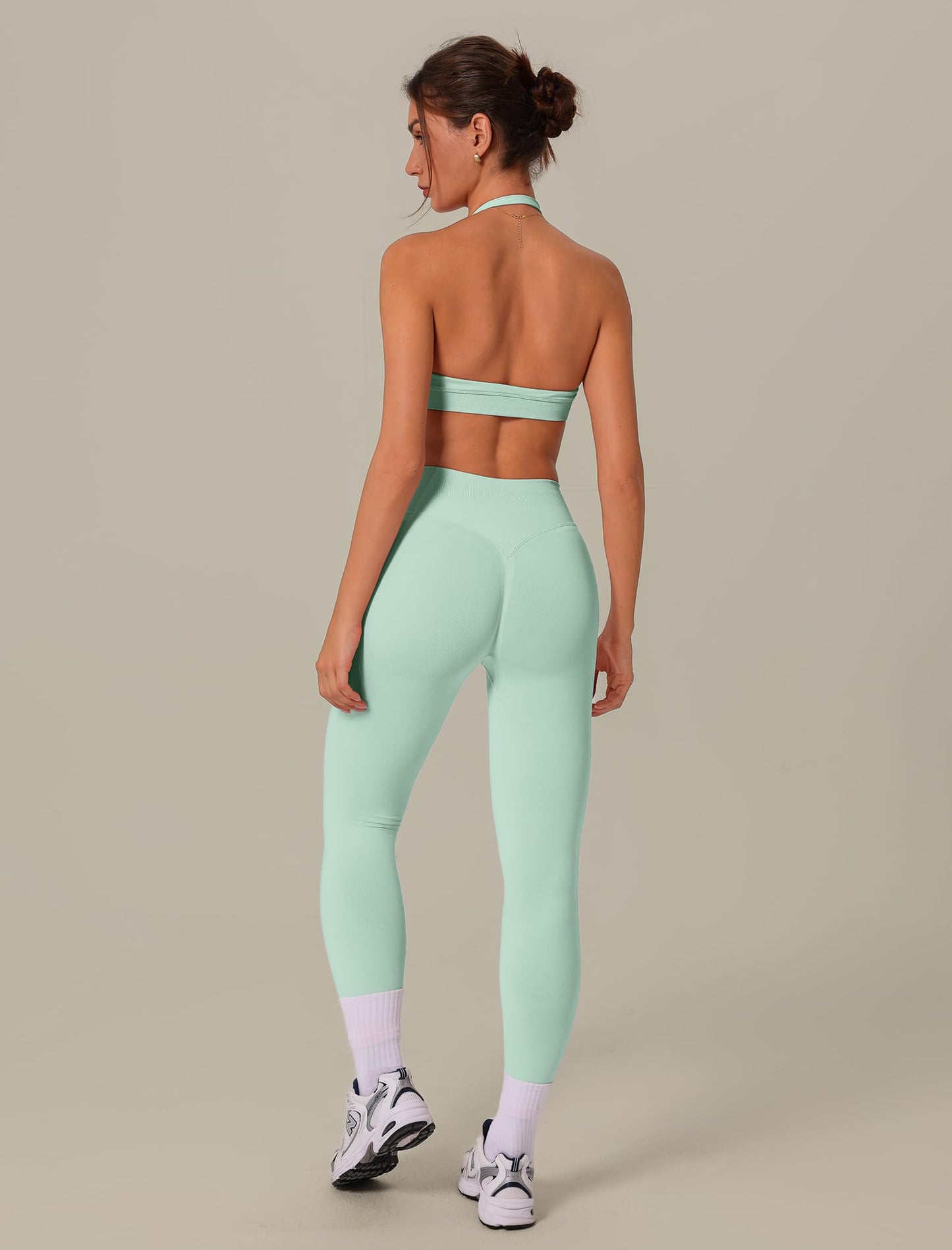3 Piece Workout Sets for Women Seamless Halter Sports Bra High Waist Leggings Long Sleeve Shrug Gym Yoga Outfits
