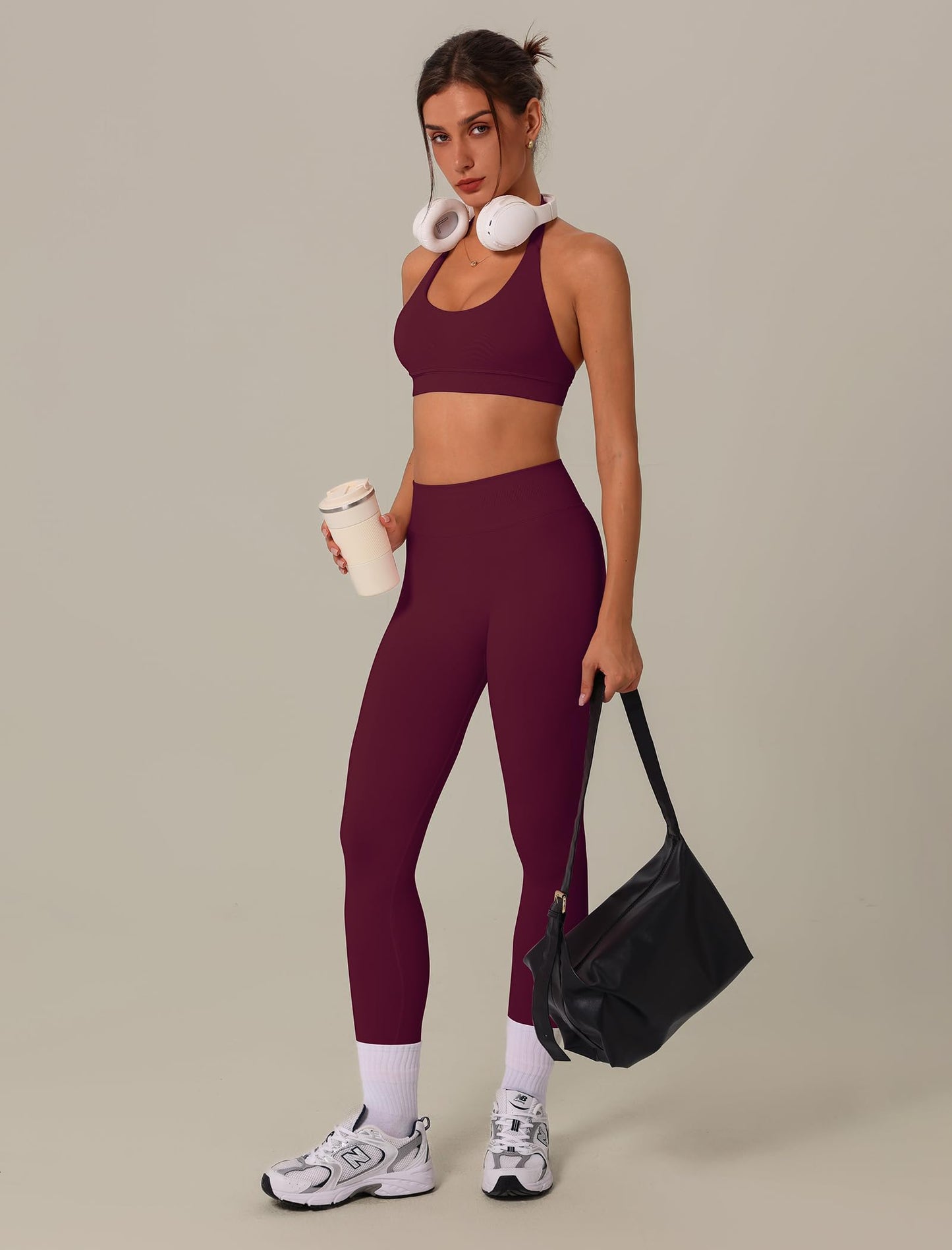 3 Piece Workout Sets for Women Seamless Halter Sports Bra High Waist Leggings Long Sleeve Shrug Gym Yoga Outfits