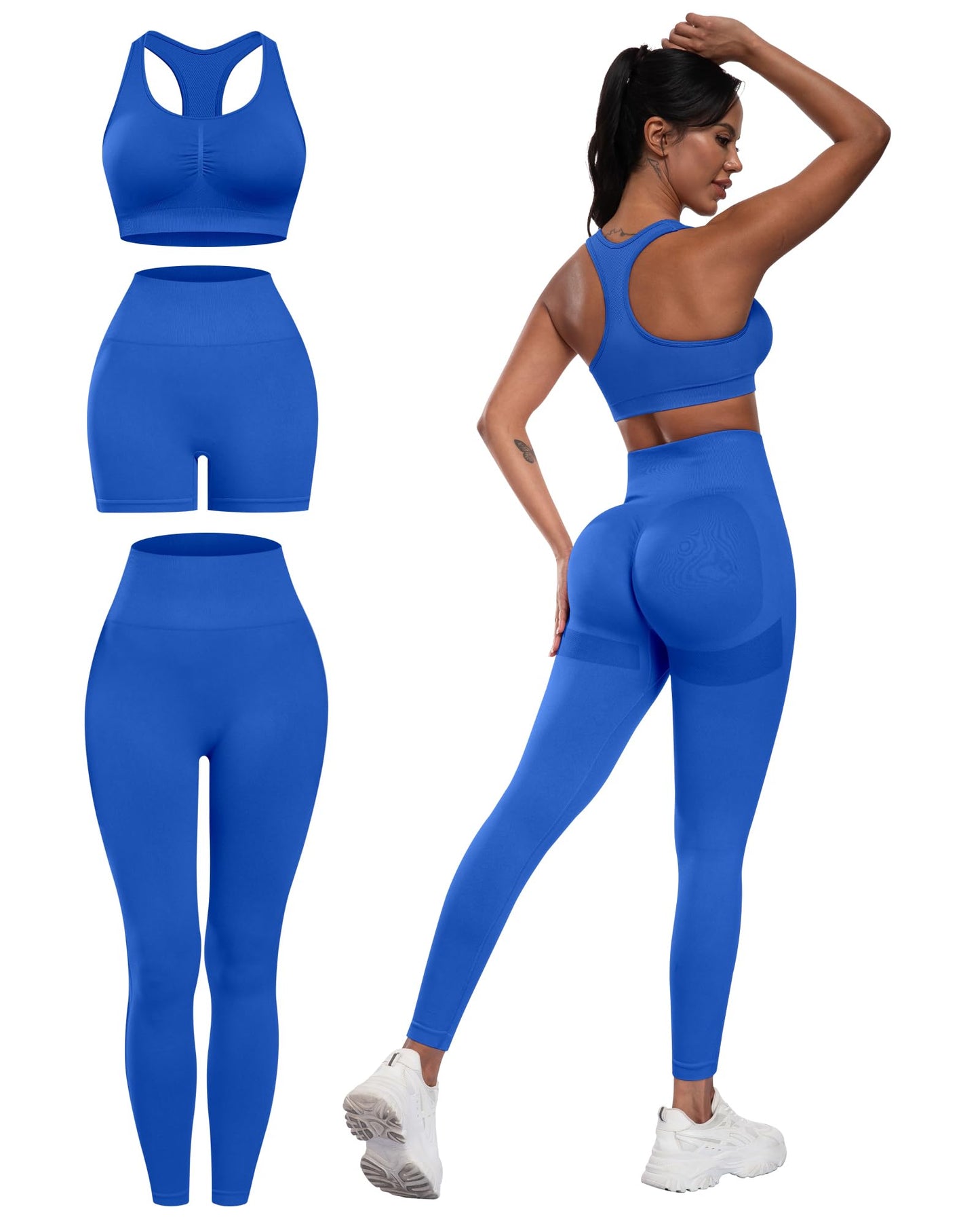 3 Piece Workout Sets for Women Butt Lifting Leggings with High Impact Sports Bra Gym Shorts