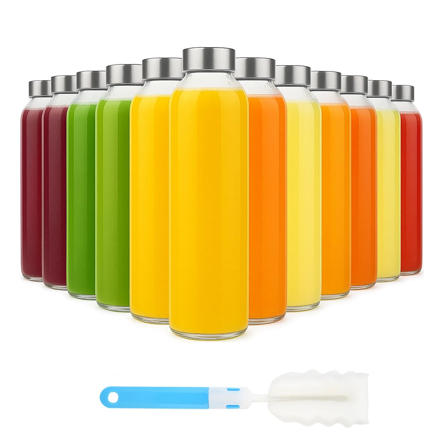 Sursip [10 Pack] 18 oz Glass Water Bottles with Lids, Juice Bottles, Clear glass juice bottle for juicing, Eco-Friendly Reusable Glass Juicing Bottles with Stainless Steel Lid, BPA Free,Leak-Proof
