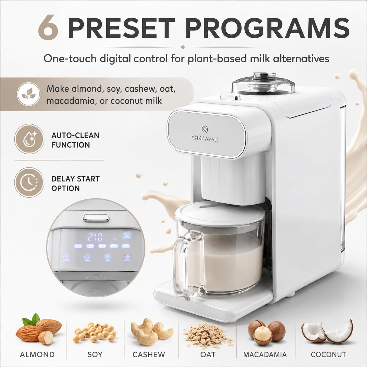 ChefWave Milkmade Plant-Based Milk Maker, 6-in-1 Nut Milk Machine for Almond, Oat, Soy, Cashew, Coconut & Macadamia — 1000W, No Soaking, Auto Self-Clean, Delay Start, Glass Pitcher Included (White)