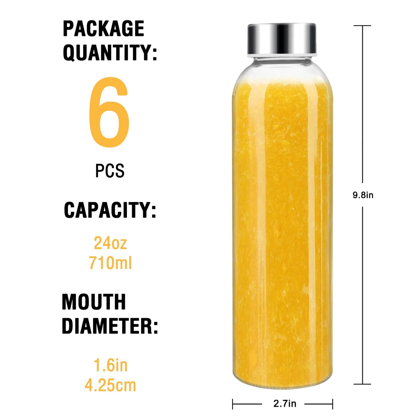 Sursip [10 Pack] 18 oz Glass Water Bottles with Lids, Juice Bottles, Clear glass juice bottle for juicing, Eco-Friendly Reusable Glass Juicing Bottles with Stainless Steel Lid, BPA Free,Leak-Proof