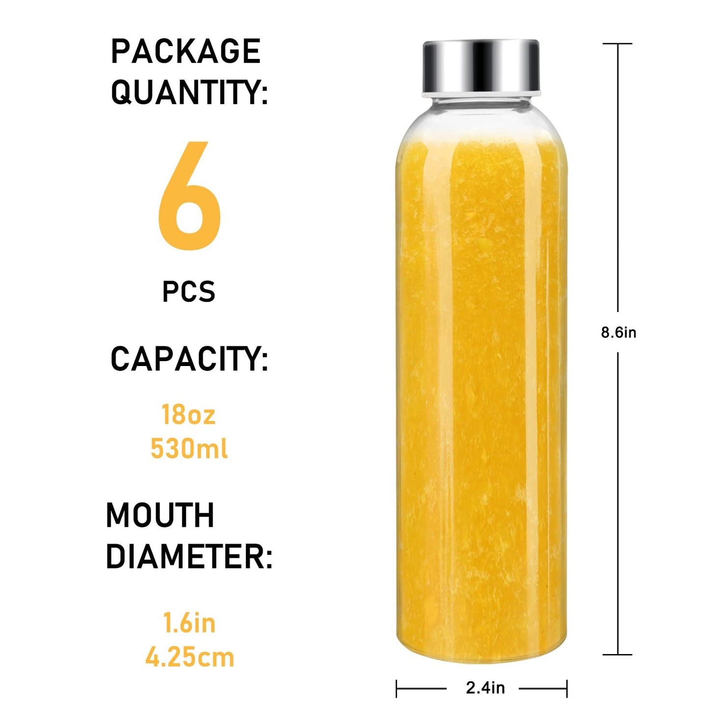 Sursip [10 Pack] 18 oz Glass Water Bottles with Lids, Juice Bottles, Clear glass juice bottle for juicing, Eco-Friendly Reusable Glass Juicing Bottles with Stainless Steel Lid, BPA Free,Leak-Proof