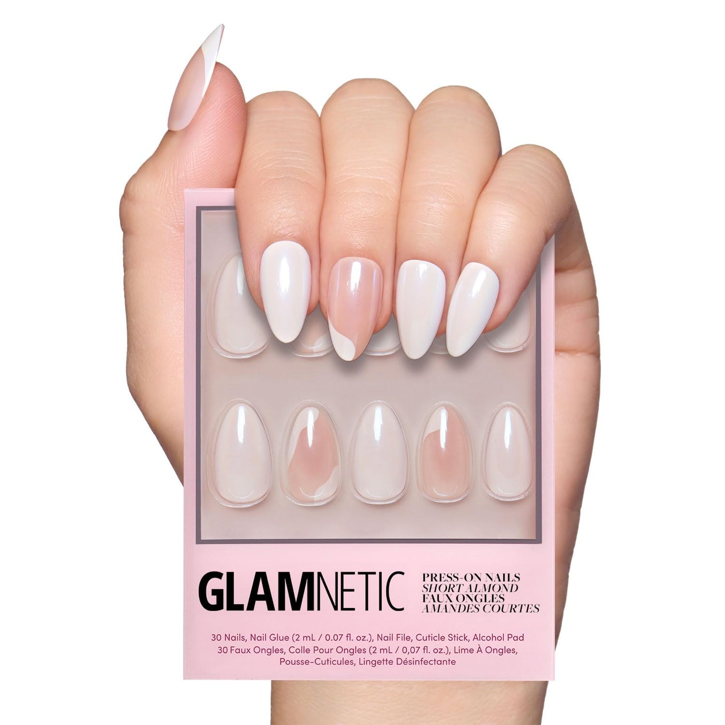 Glamnetic Press On Nails - All Time Love Spring Nails | Glossy, Semi-Transparent, Short Almond French Tip Fake Nails with Leaf Accents, Salon Quality | 15 Sizes - 30 Nail Kit with Glue
