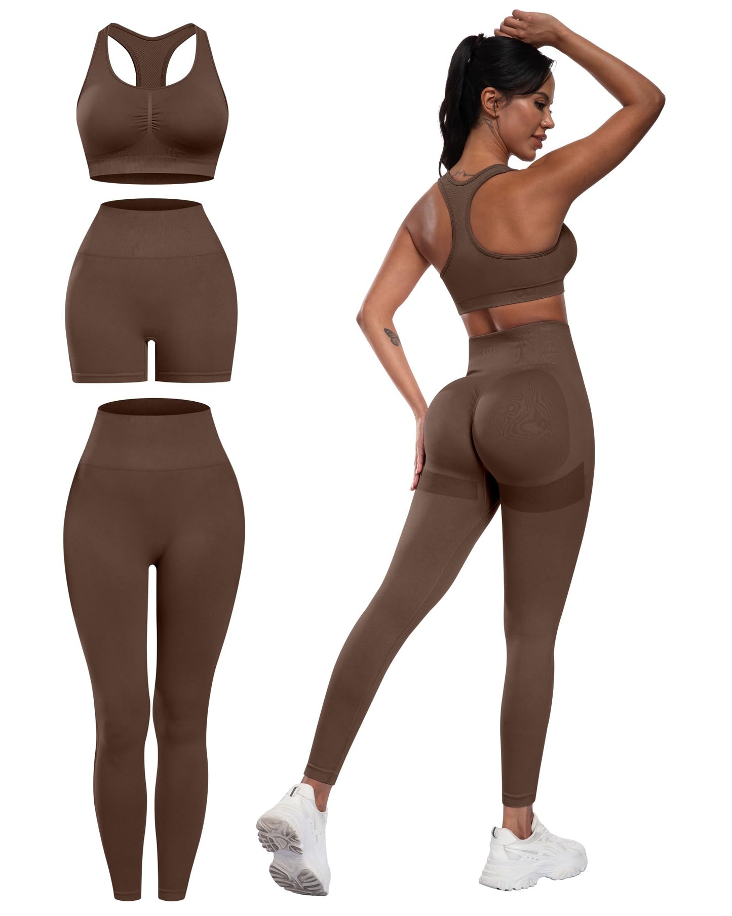 3 Piece Workout Sets for Women Butt Lifting Leggings with High Impact Sports Bra Gym Shorts