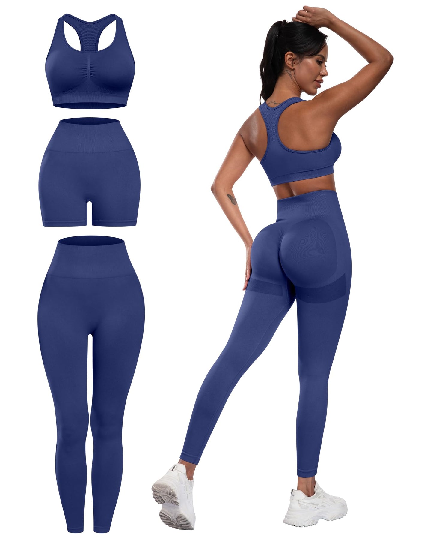 3 Piece Workout Sets for Women Butt Lifting Leggings with High Impact Sports Bra Gym Shorts