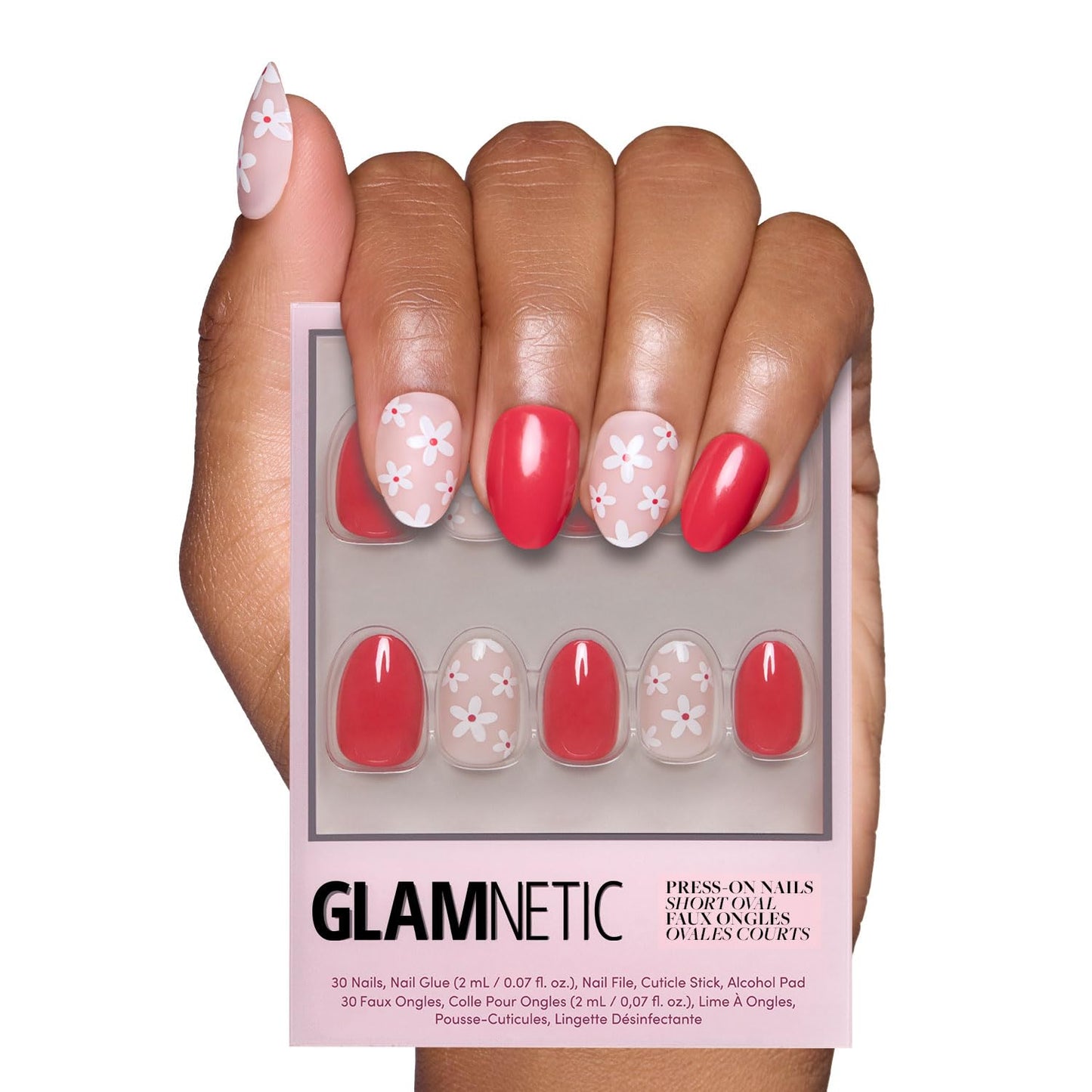 Glamnetic Press On Nails - All Time Love Spring Nails | Glossy, Semi-Transparent, Short Almond French Tip Fake Nails with Leaf Accents, Salon Quality | 15 Sizes - 30 Nail Kit with Glue