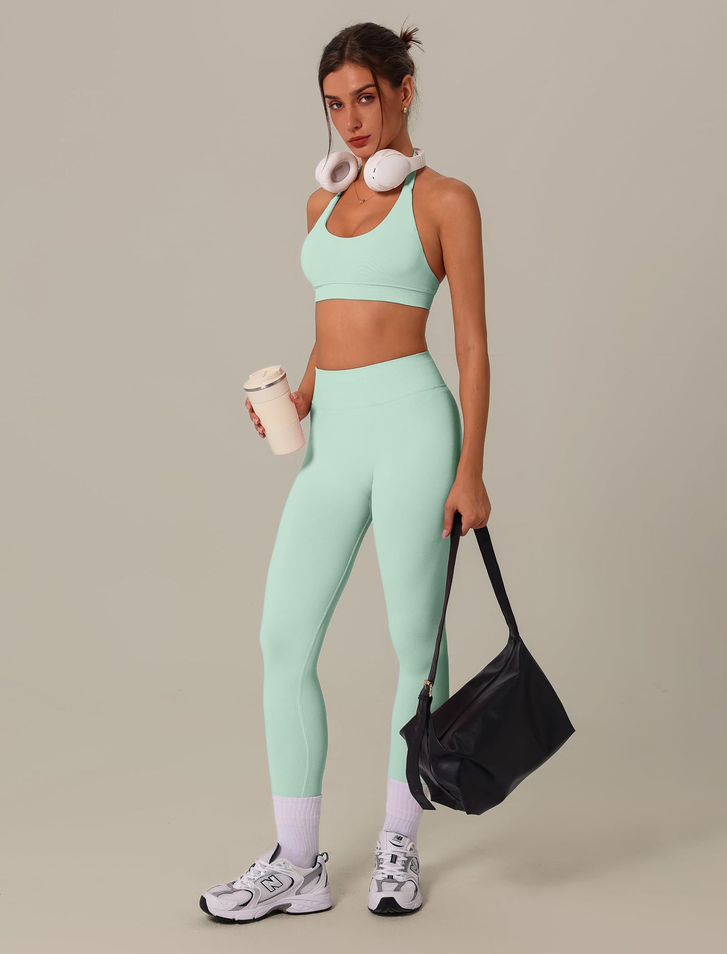 3 Piece Workout Sets for Women Seamless Halter Sports Bra High Waist Leggings Long Sleeve Shrug Gym Yoga Outfits