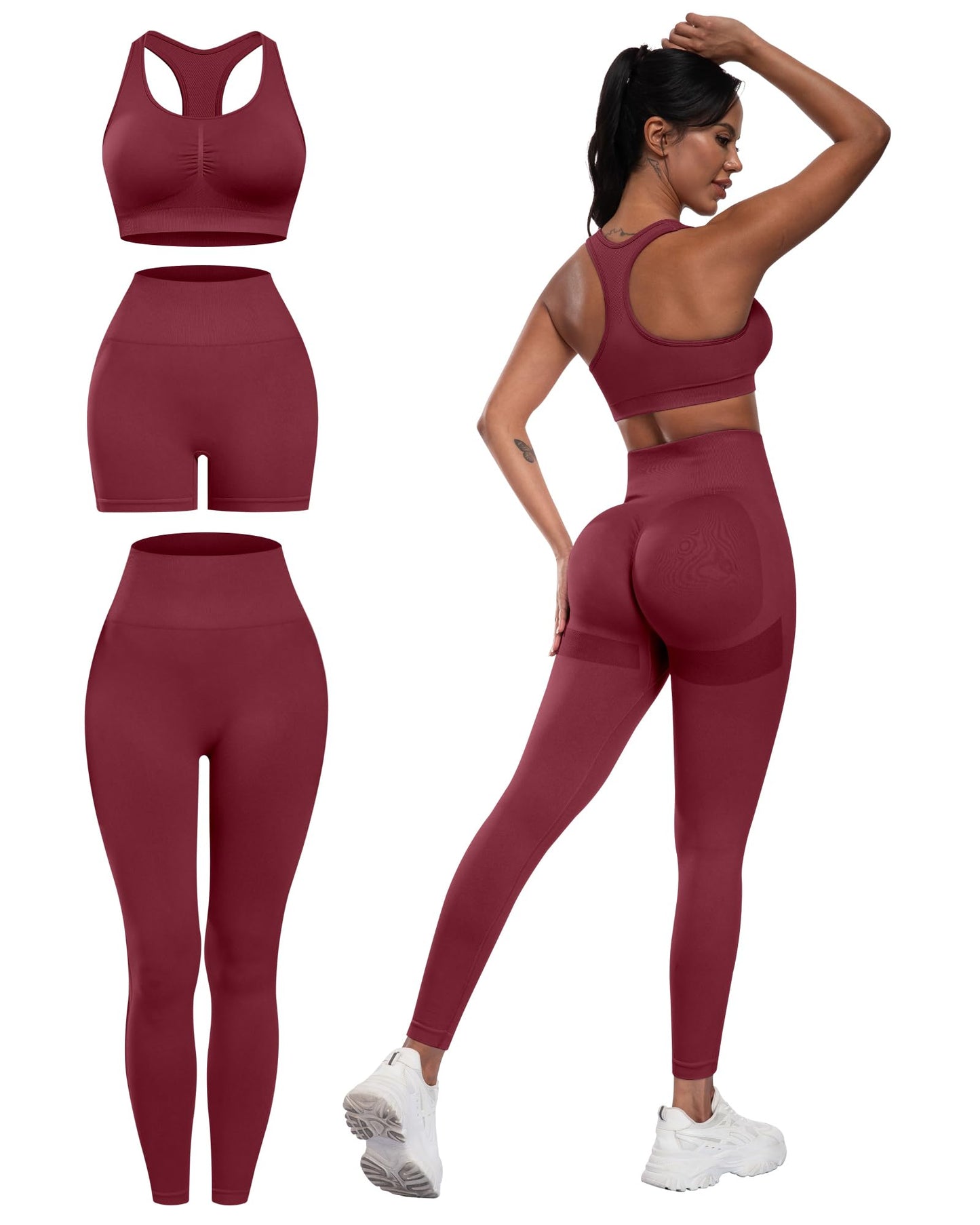 3 Piece Workout Sets for Women Butt Lifting Leggings with High Impact Sports Bra Gym Shorts