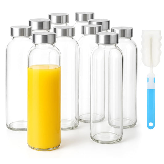 Sursip [10 Pack] 18 oz Glass Water Bottles with Lids, Juice Bottles, Clear glass juice bottle for juicing, Eco-Friendly Reusable Glass Juicing Bottles with Stainless Steel Lid, BPA Free,Leak-Proof