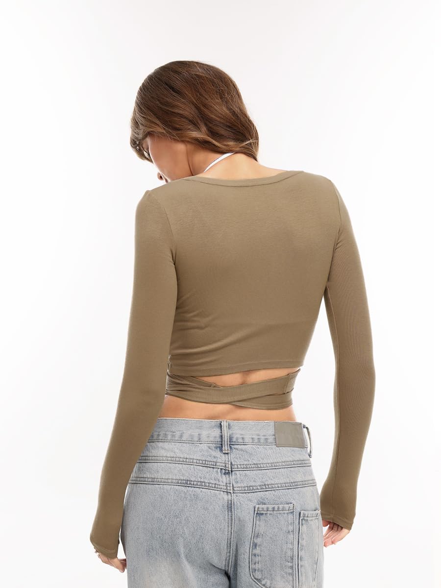 Danysu Ballet Wrap Tops Long Sleeve Cross Tie Crop Shirts Deep V-Neck Dance Clothes Fall Cardigans
