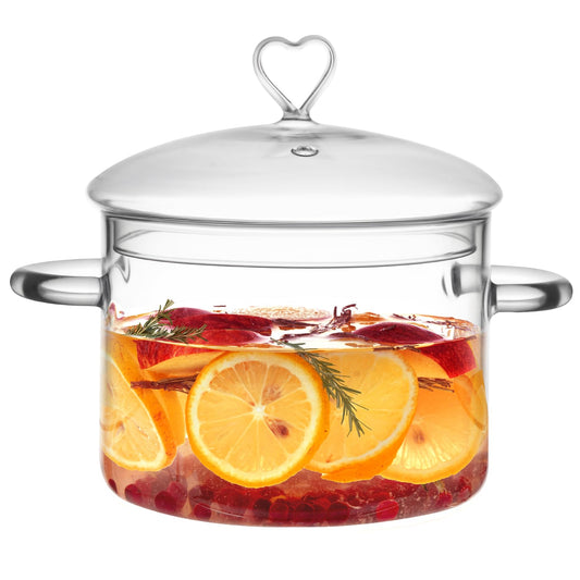 3 L Glass Cooking Pot with Lid, Save Energy, Heat Resistant | 3.2QT(3000ml) Glass Simmer Pot, Heart Shape Lid, Clear, Easy to Clean, BPA Free.