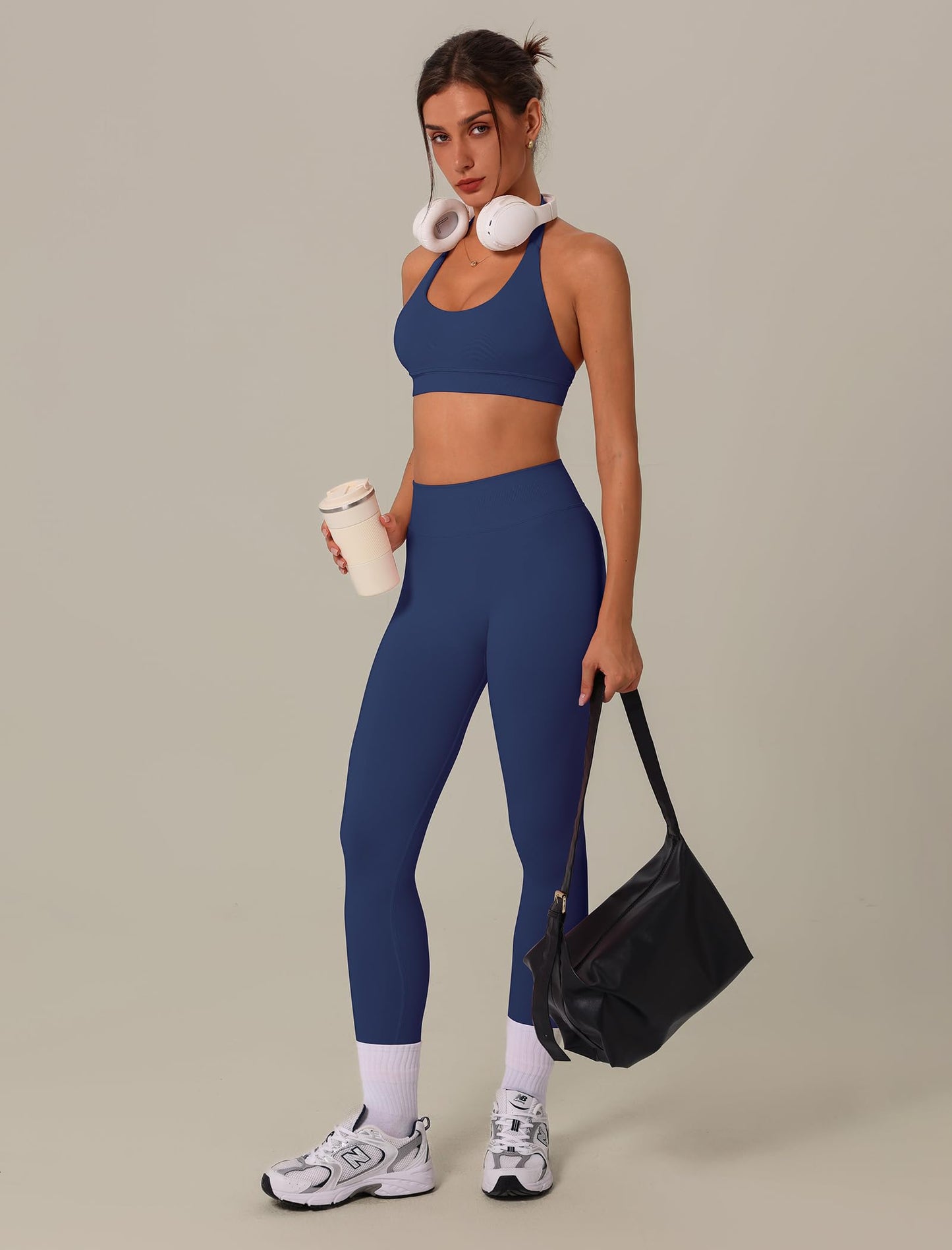 3 Piece Workout Sets for Women Seamless Halter Sports Bra High Waist Leggings Long Sleeve Shrug Gym Yoga Outfits