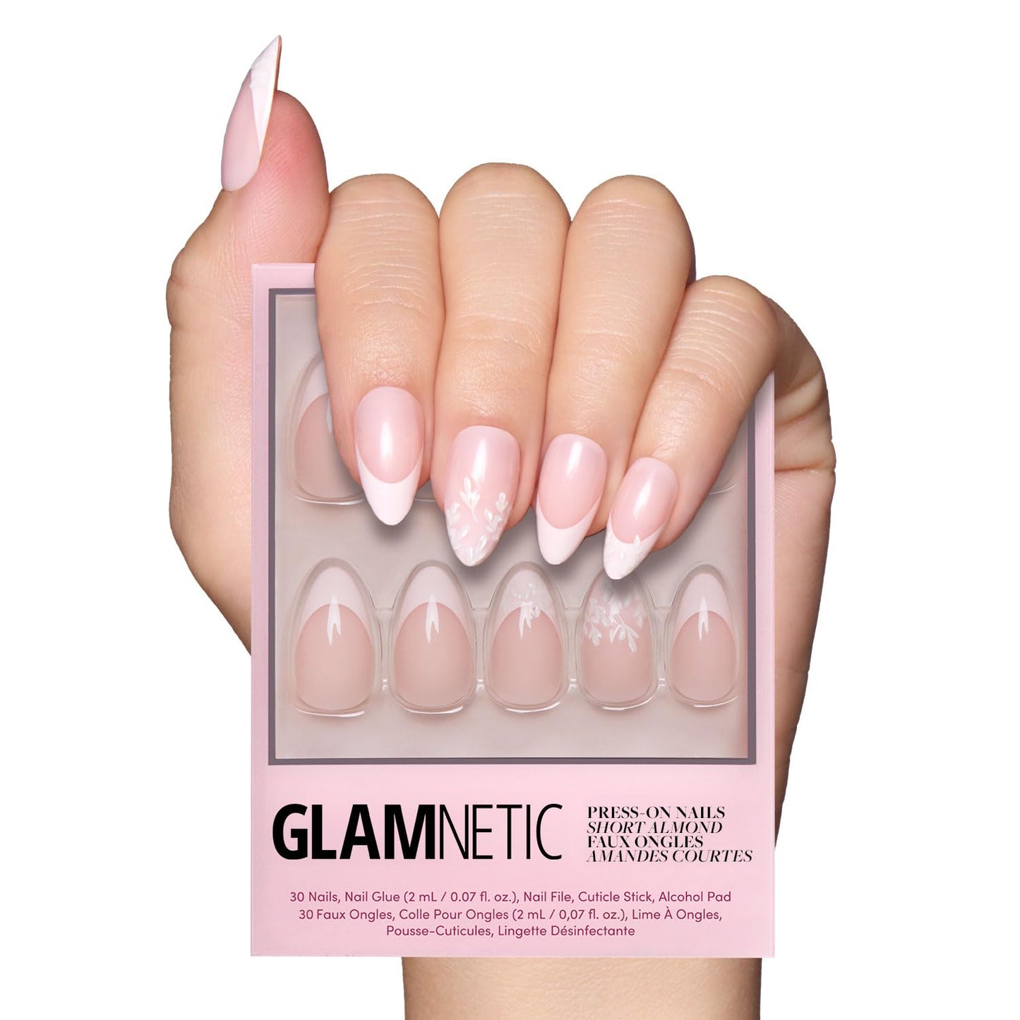 Glamnetic Press On Nails - All Time Love Spring Nails | Glossy, Semi-Transparent, Short Almond French Tip Fake Nails with Leaf Accents, Salon Quality | 15 Sizes - 30 Nail Kit with Glue
