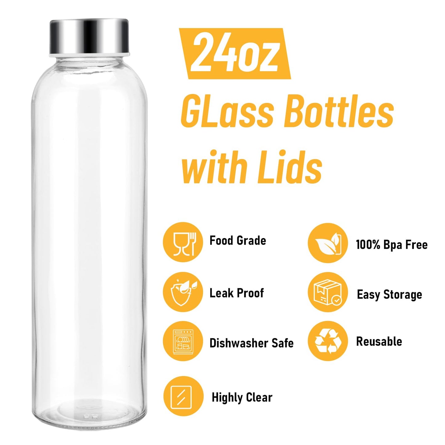 Sursip [10 Pack] 18 oz Glass Water Bottles with Lids, Juice Bottles, Clear glass juice bottle for juicing, Eco-Friendly Reusable Glass Juicing Bottles with Stainless Steel Lid, BPA Free,Leak-Proof
