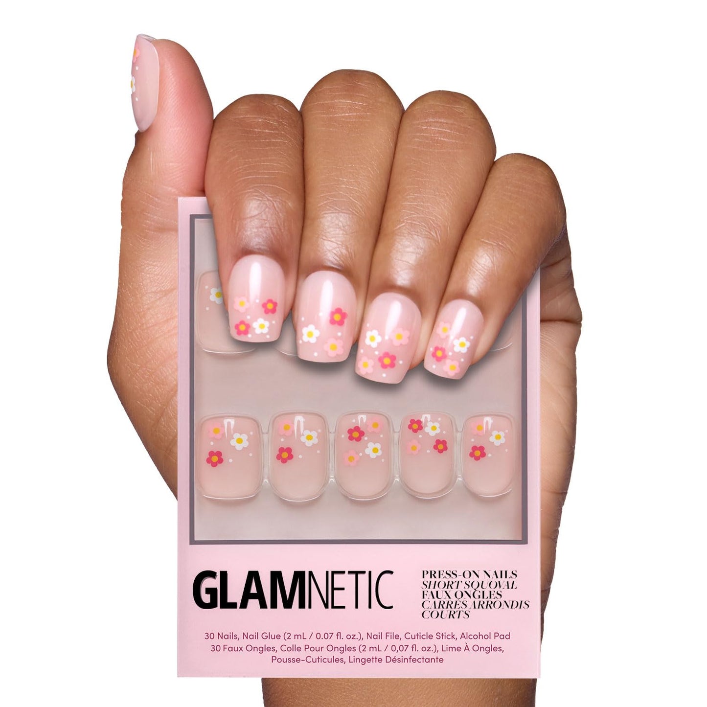 Glamnetic Press On Nails - All Time Love Spring Nails | Glossy, Semi-Transparent, Short Almond French Tip Fake Nails with Leaf Accents, Salon Quality | 15 Sizes - 30 Nail Kit with Glue