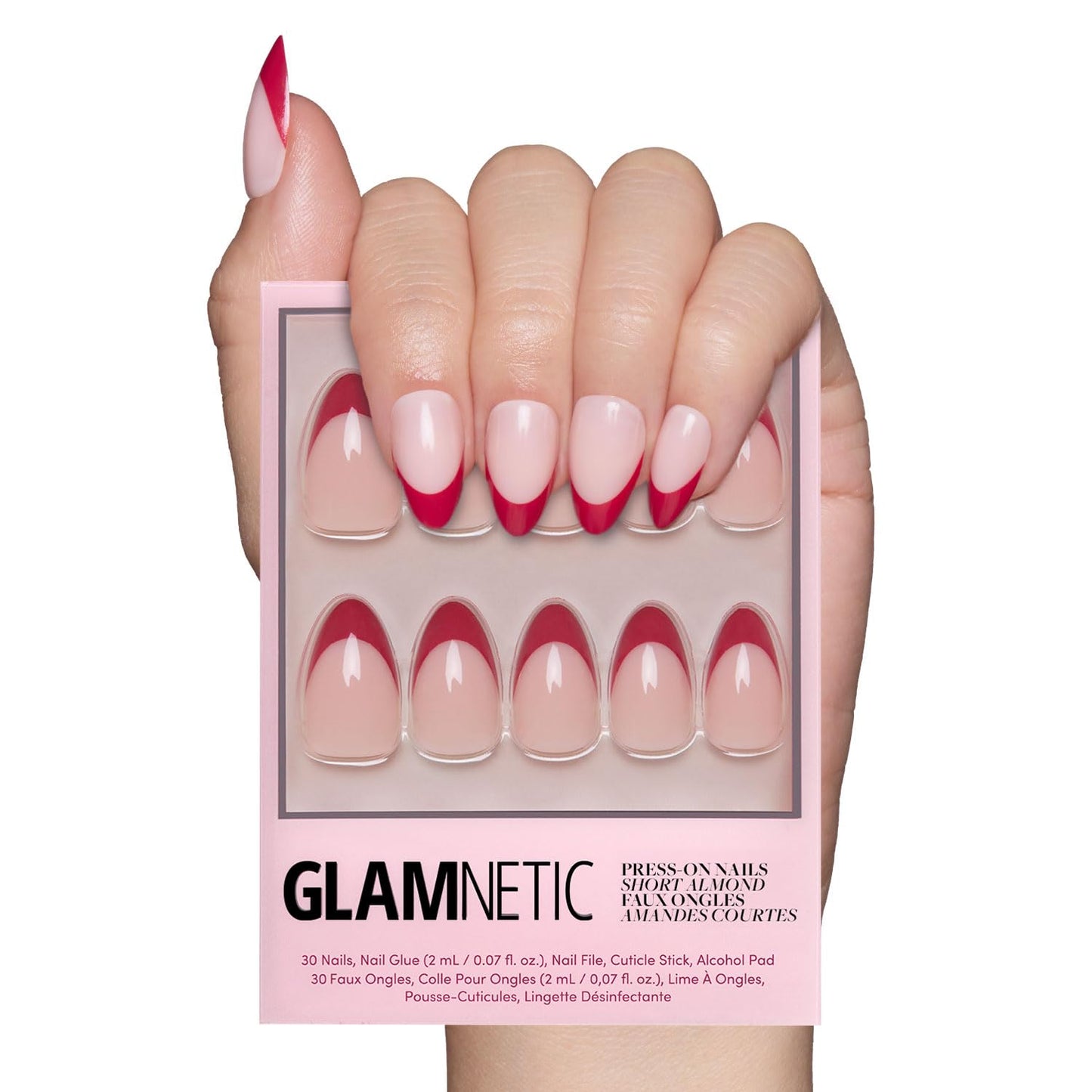 Glamnetic Press On Nails - All Time Love Spring Nails | Glossy, Semi-Transparent, Short Almond French Tip Fake Nails with Leaf Accents, Salon Quality | 15 Sizes - 30 Nail Kit with Glue