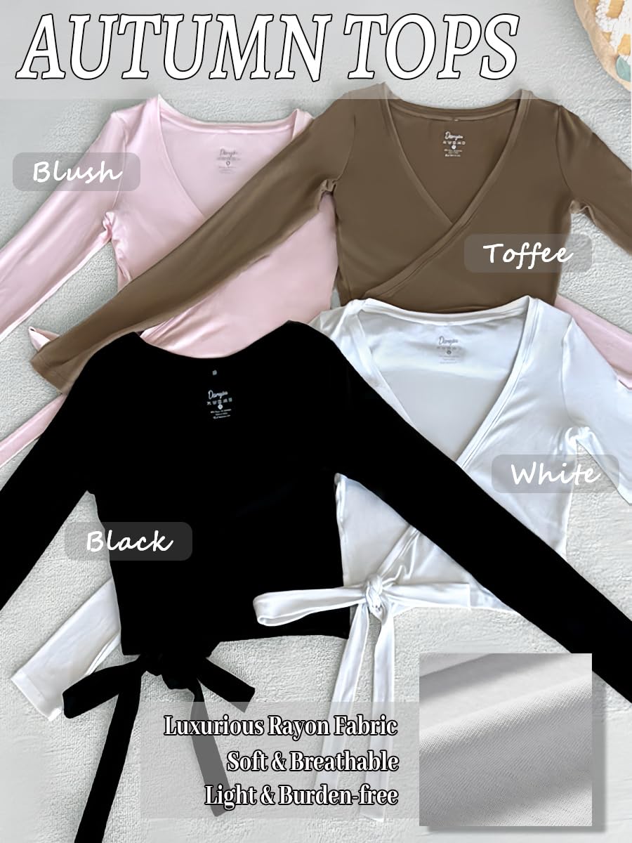 Danysu Ballet Wrap Tops Long Sleeve Cross Tie Crop Shirts Deep V-Neck Dance Clothes Fall Cardigans