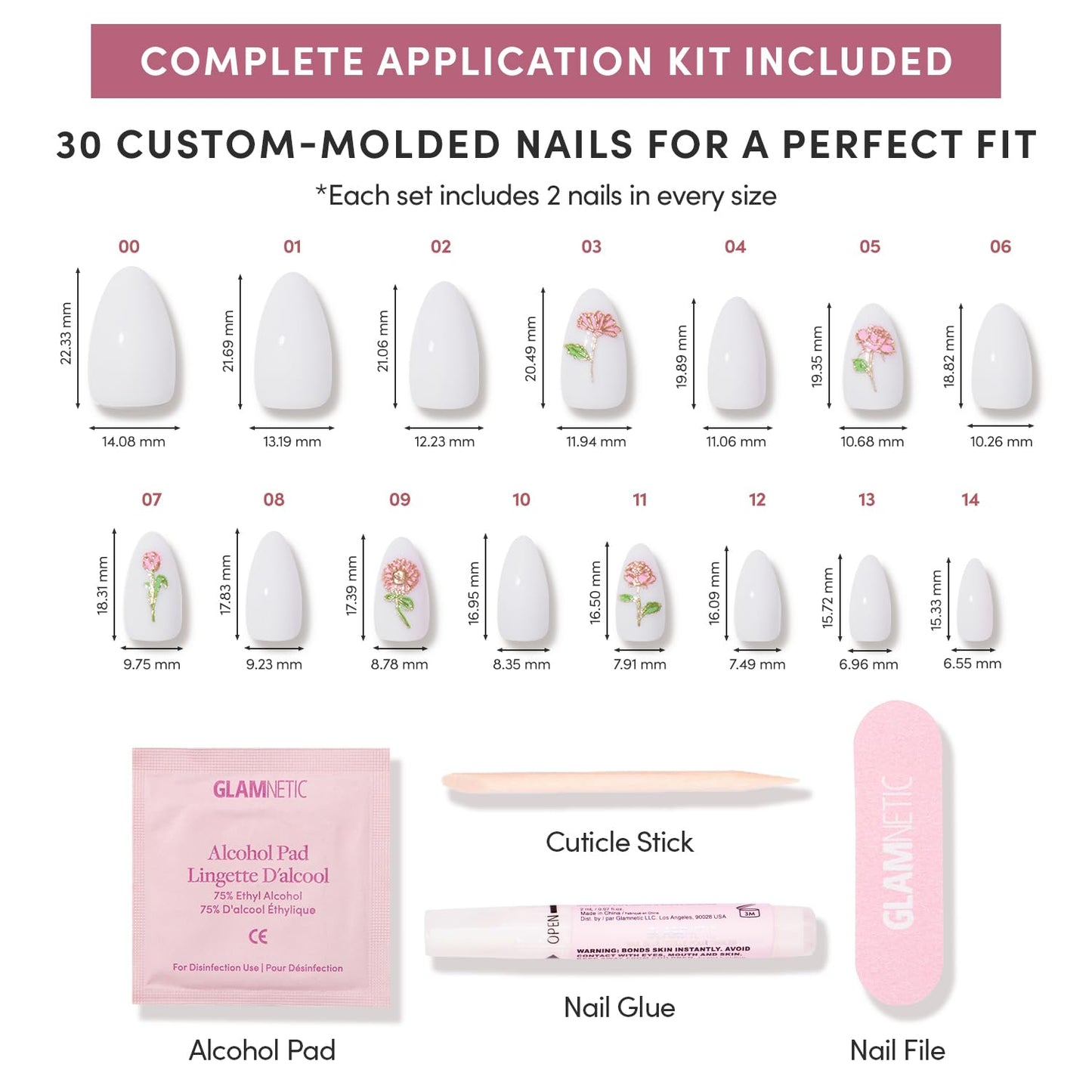 Glamnetic Press On Nails - All Time Love Spring Nails | Glossy, Semi-Transparent, Short Almond French Tip Fake Nails with Leaf Accents, Salon Quality | 15 Sizes - 30 Nail Kit with Glue