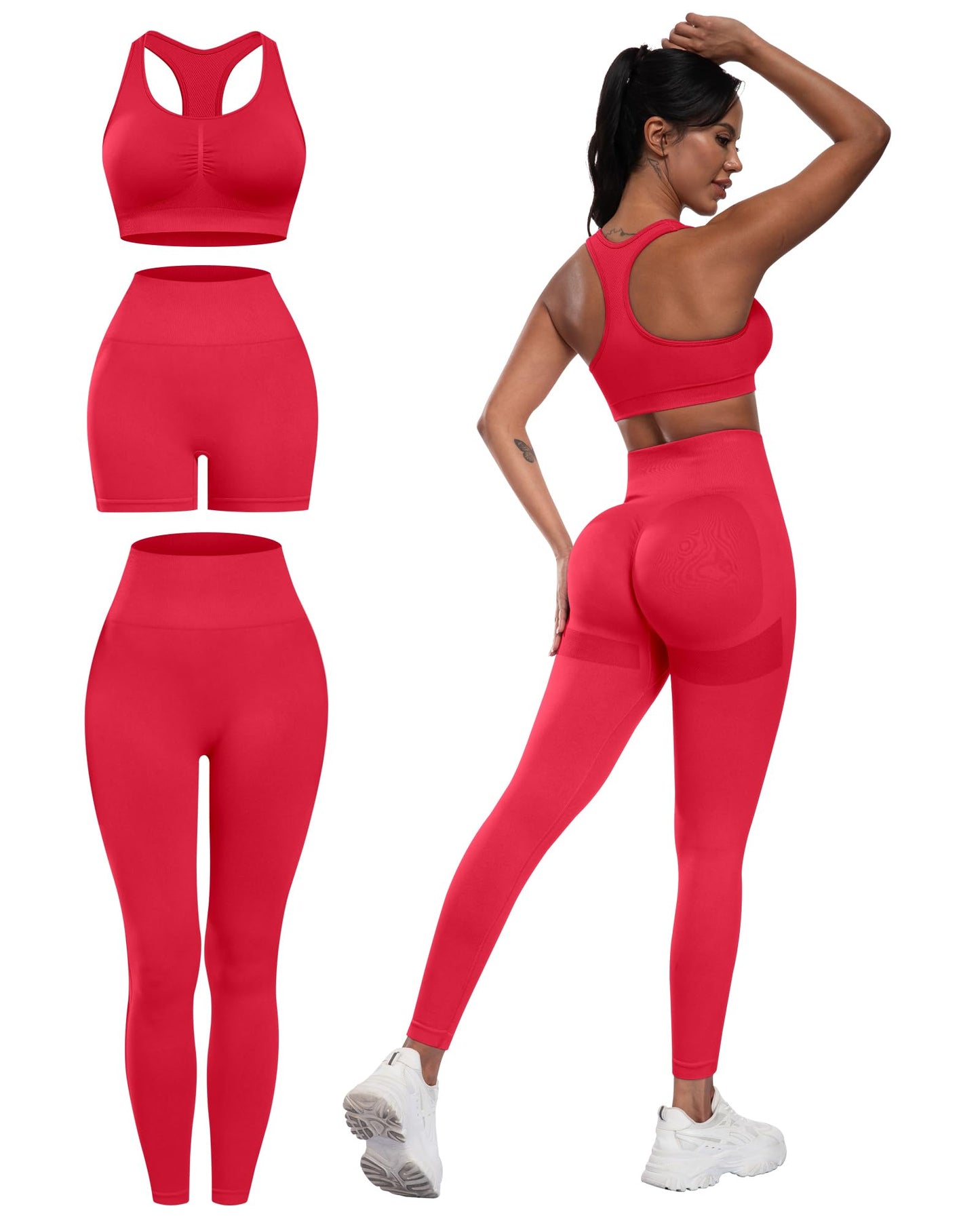 3 Piece Workout Sets for Women Butt Lifting Leggings with High Impact Sports Bra Gym Shorts