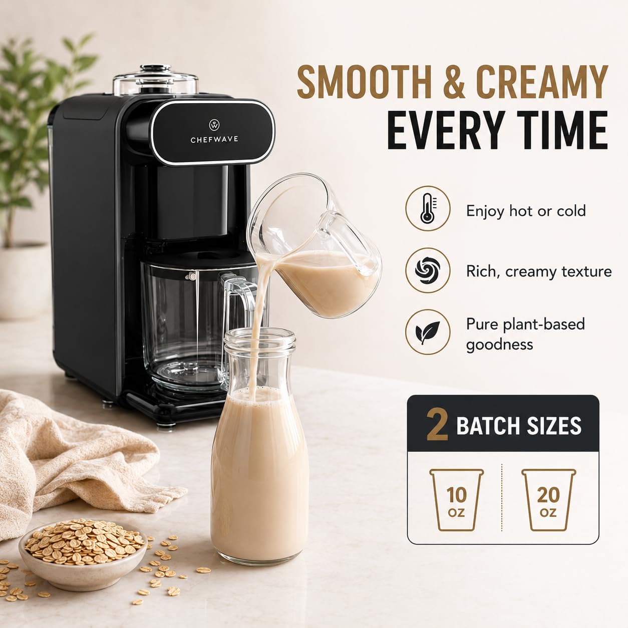 ChefWave Milkmade Plant-Based Milk Maker, 6-in-1 Nut Milk Machine for Almond, Oat, Soy, Cashew, Coconut & Macadamia — 1000W, No Soaking, Auto Self-Clean, Delay Start, Glass Pitcher Included (White)