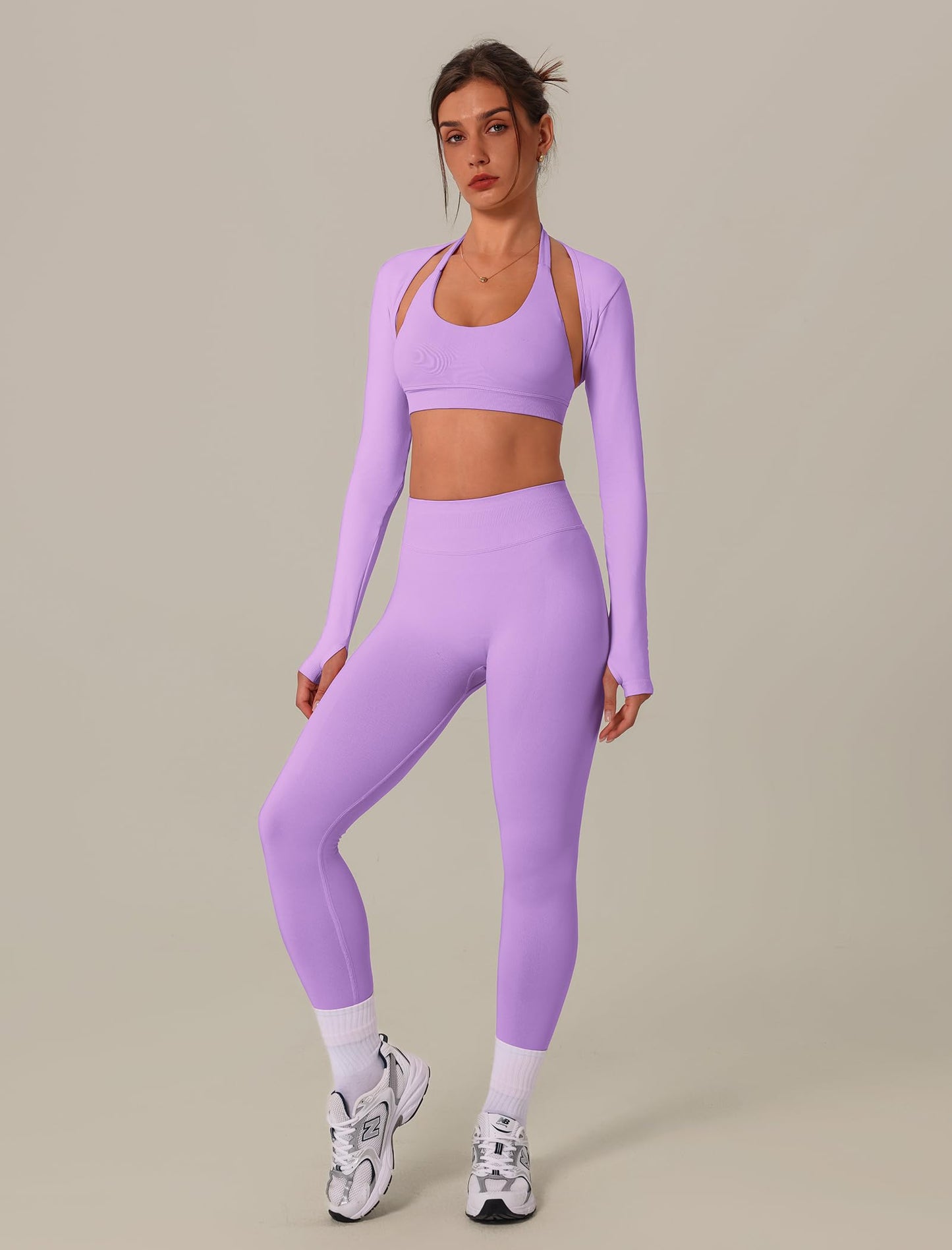 3 Piece Workout Sets for Women Seamless Halter Sports Bra High Waist Leggings Long Sleeve Shrug Gym Yoga Outfits