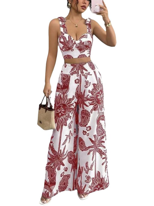 THLAI Summer Women 2 Piece Outfits Print V-Neck Cami Crop Top and Smocked Wide Leg Pants Set Vacation Outfits