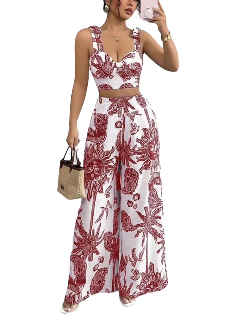 THLAI Summer Women 2 Piece Outfits Print V-Neck Cami Crop Top and Smocked Wide Leg Pants Set Vacation Outfits