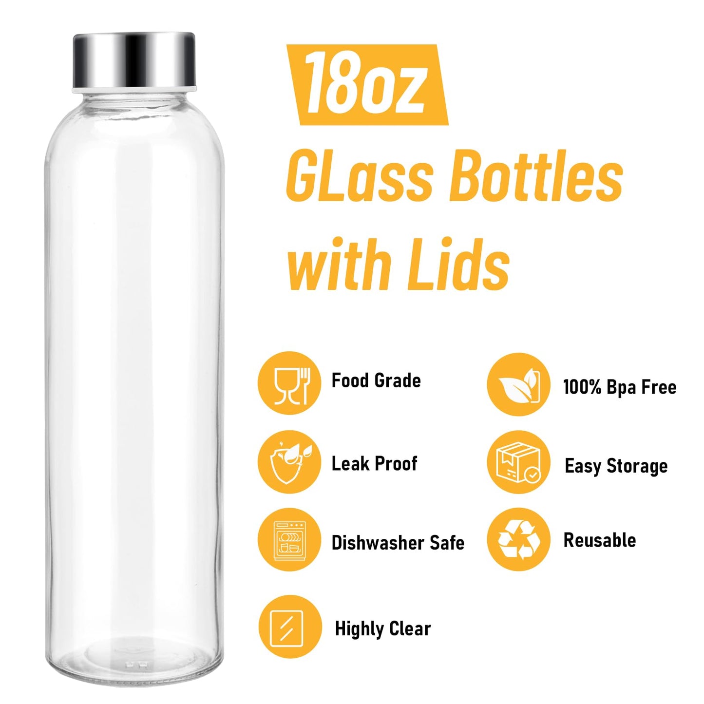 Sursip [10 Pack] 18 oz Glass Water Bottles with Lids, Juice Bottles, Clear glass juice bottle for juicing, Eco-Friendly Reusable Glass Juicing Bottles with Stainless Steel Lid, BPA Free,Leak-Proof