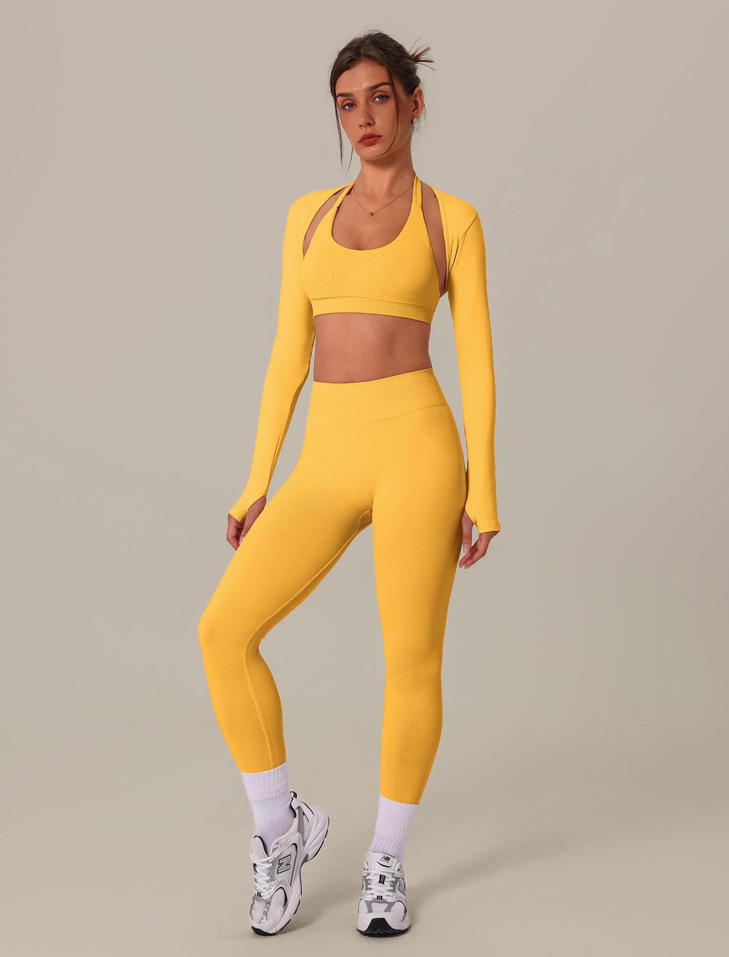 3 Piece Workout Sets for Women Seamless Halter Sports Bra High Waist Leggings Long Sleeve Shrug Gym Yoga Outfits