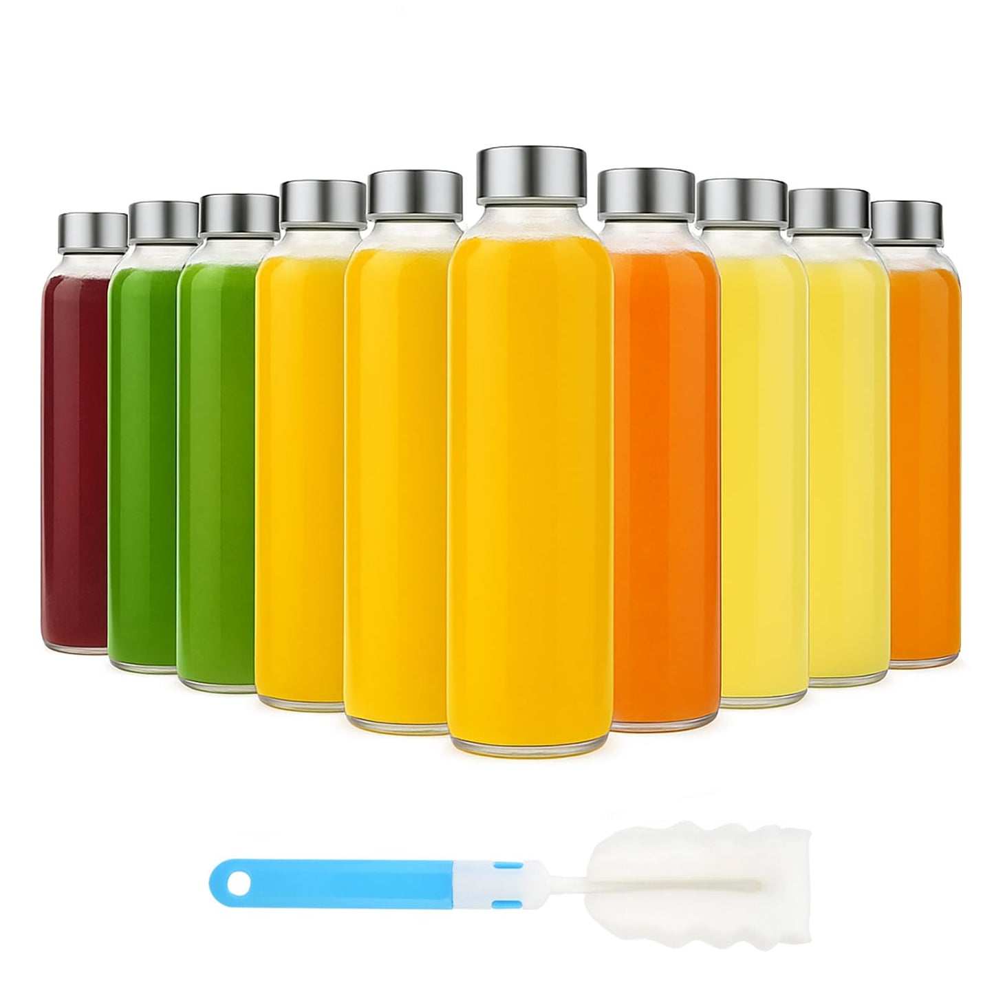 Sursip [10 Pack] 18 oz Glass Water Bottles with Lids, Juice Bottles, Clear glass juice bottle for juicing, Eco-Friendly Reusable Glass Juicing Bottles with Stainless Steel Lid, BPA Free,Leak-Proof